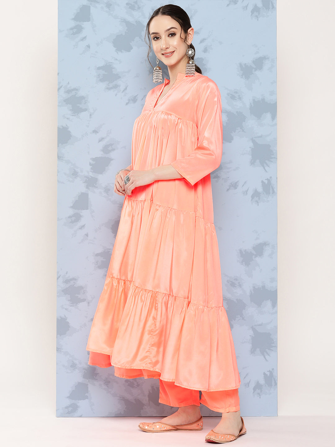 InWeave Women's Peach Tiered Kurta Set With White Pink Lotus Cr Dupatta