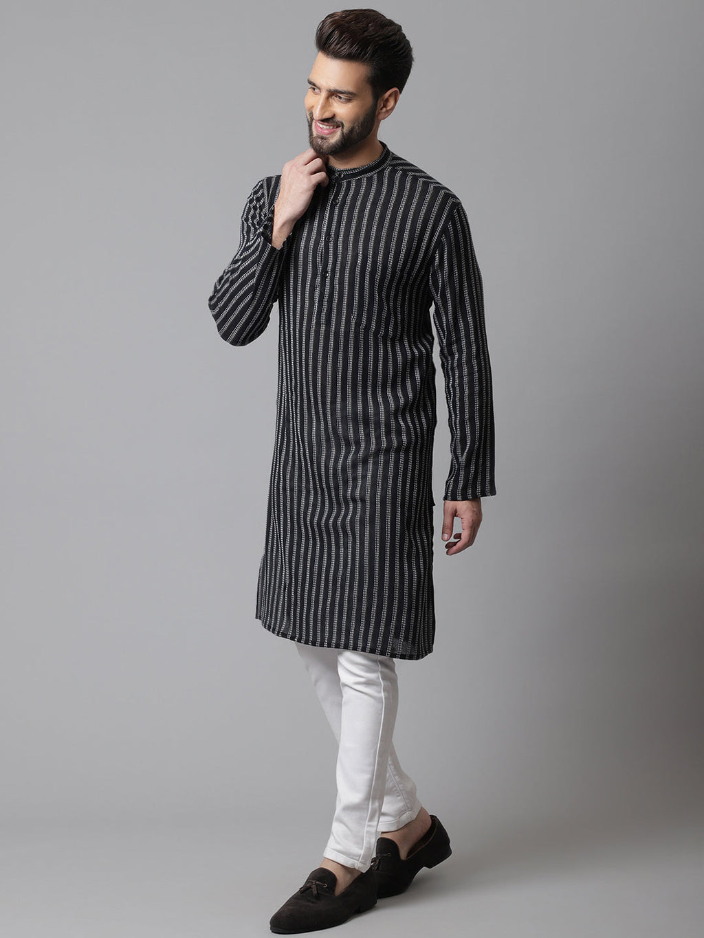 Even Apparels Black Pure Cotton Kurta With Band Collar