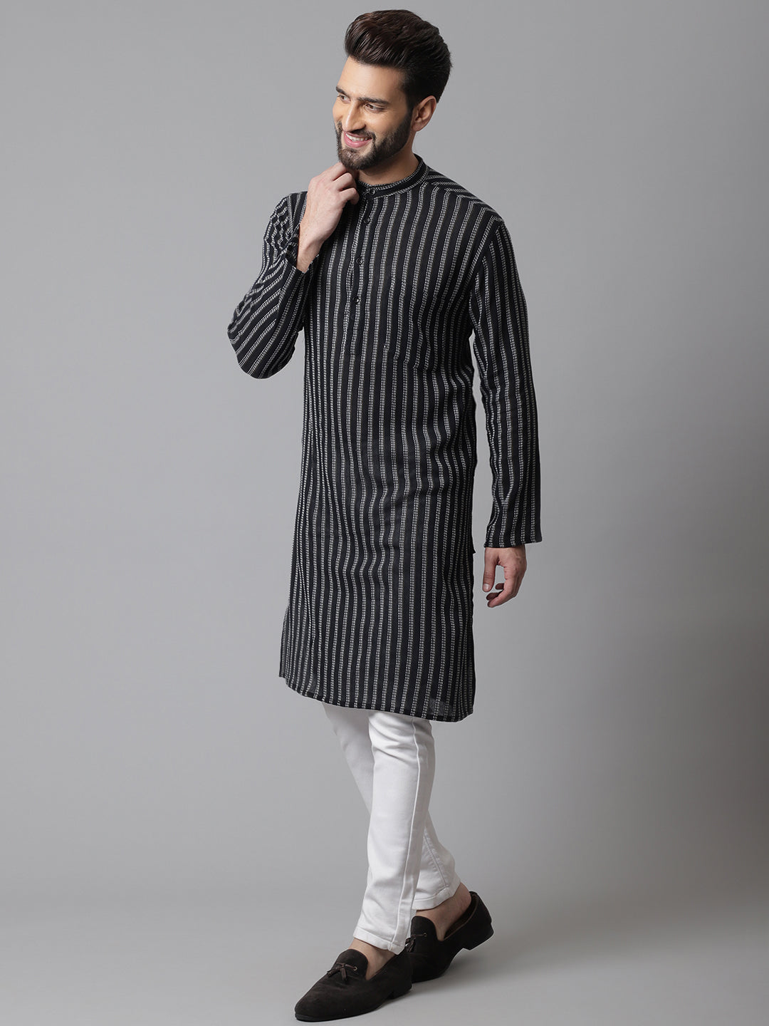 Even Apparels Black Pure Cotton Kurta With Band Collar