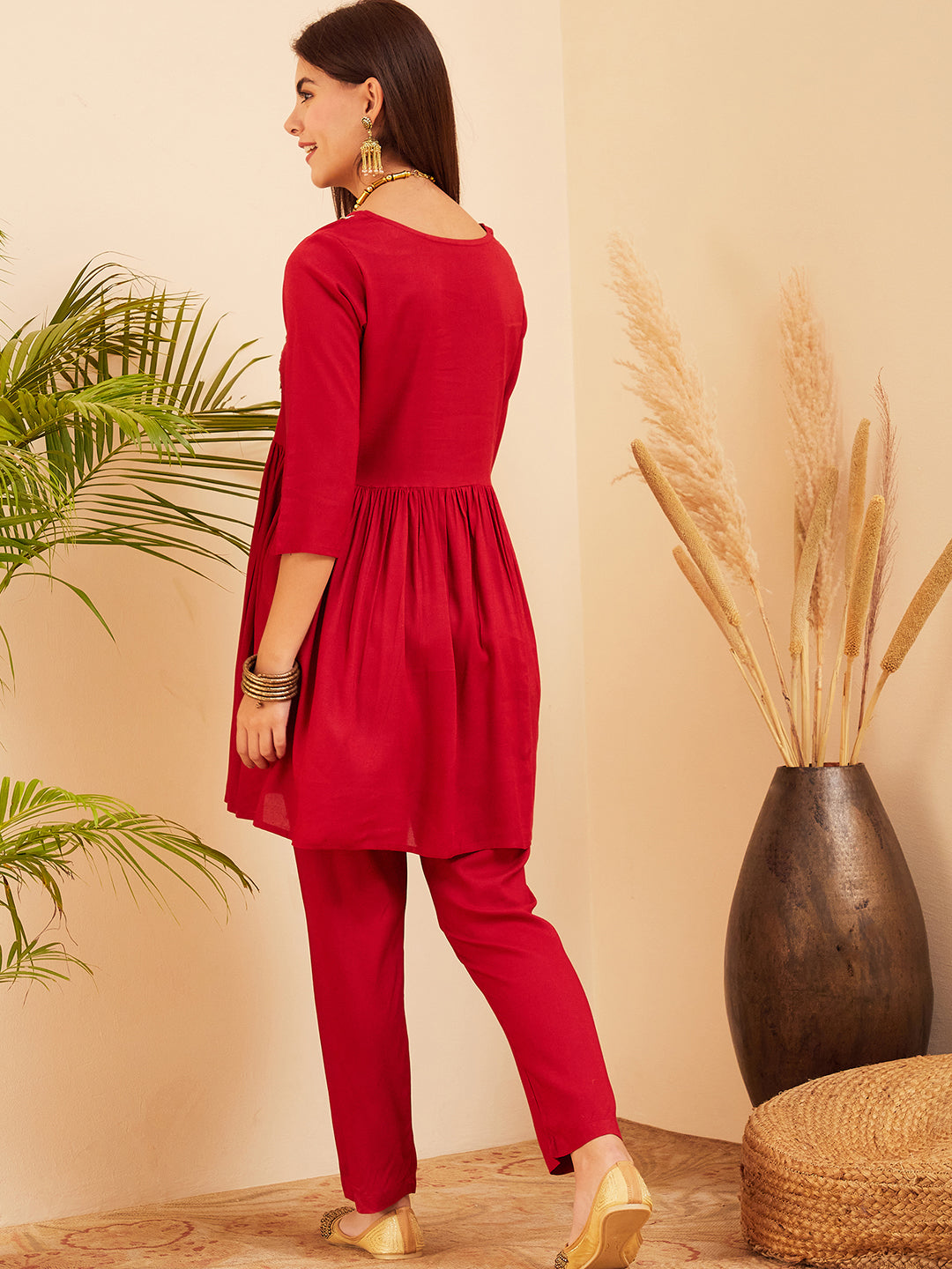 InWeave Women's Maroon Round Neck Square Gota Work Kurta Pant Set