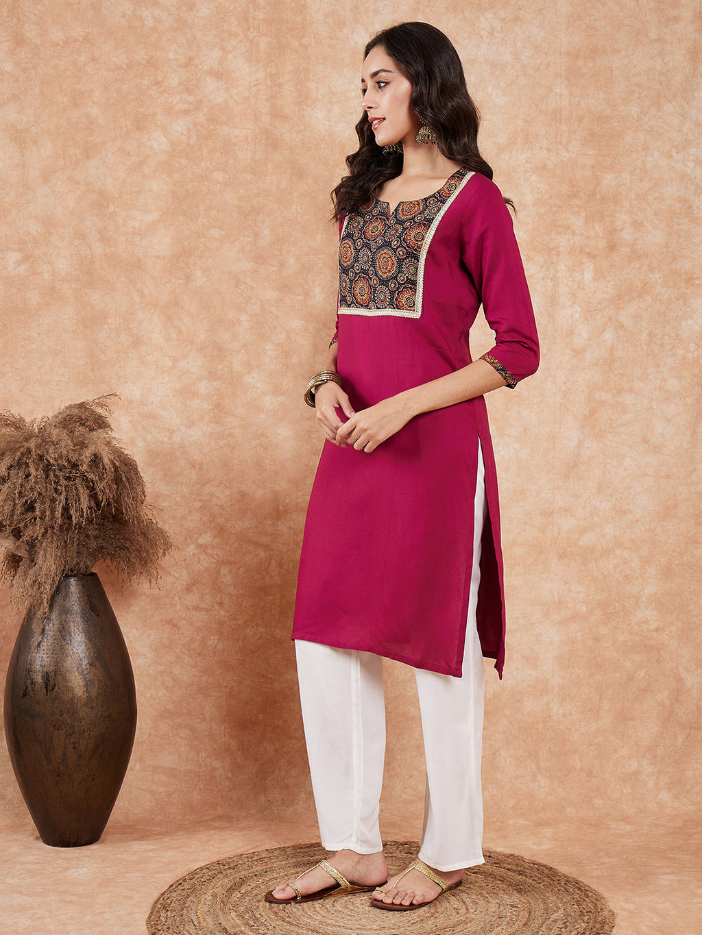 InWeave Women's Wine Printed Neck Patch Work Straight Kurta