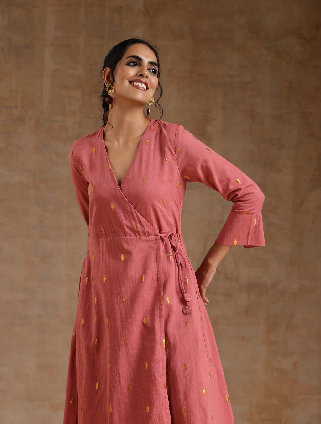 trueBrowns Blush Gold Cotton Angrakha Kurta Set