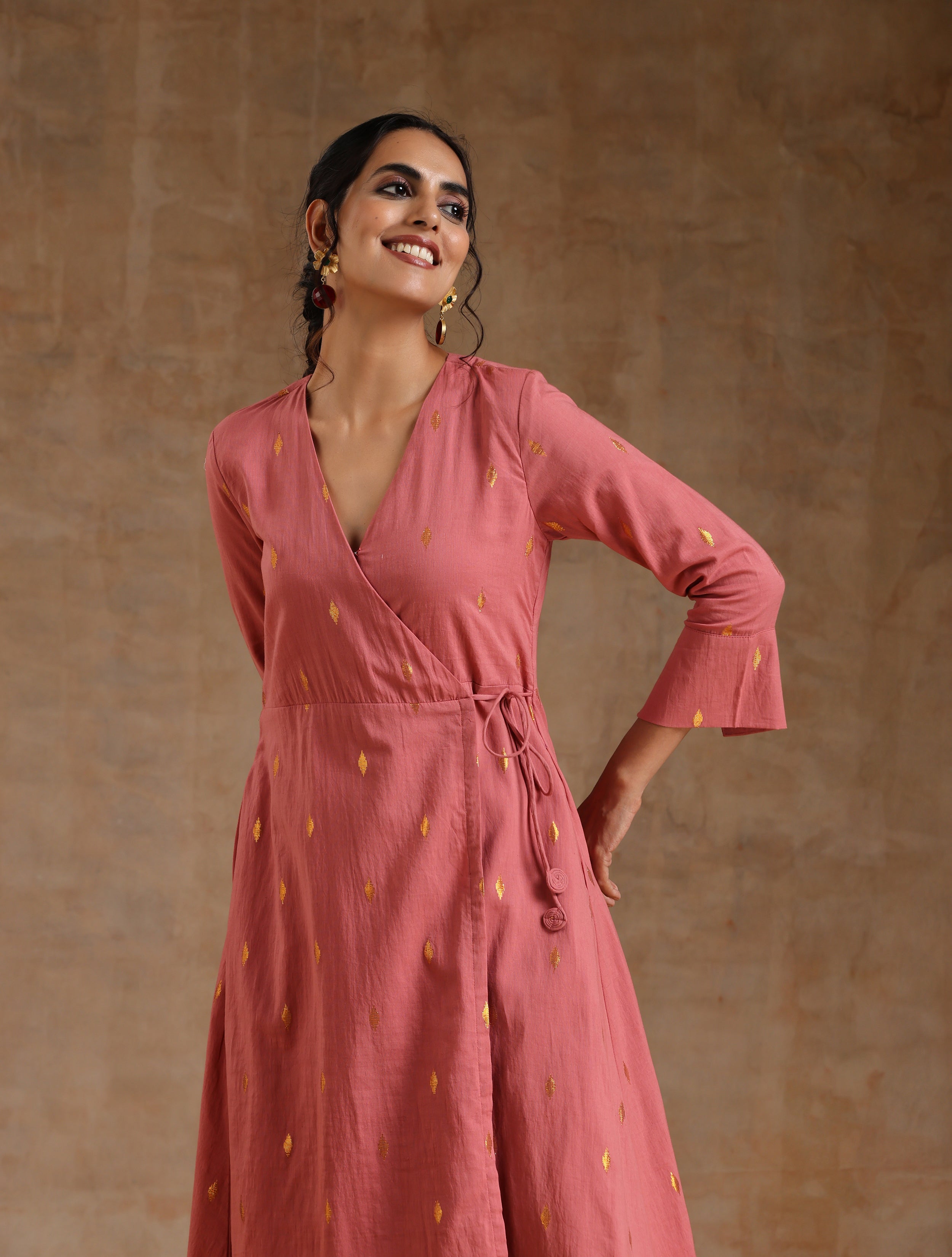 trueBrowns Blush Gold Cotton Angrakha Kurta Set