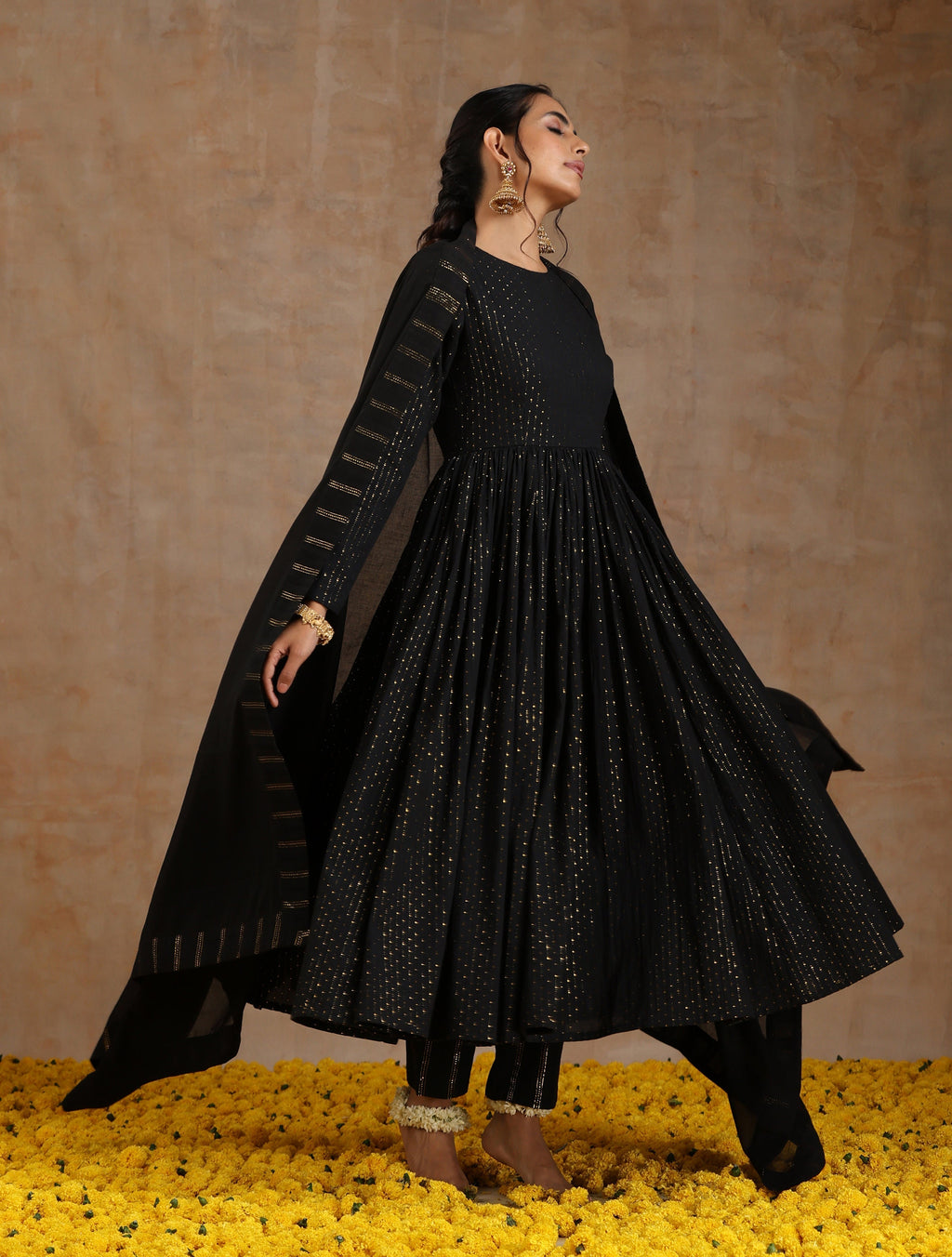 trueBrowns Black Gold Cotton Anarkali Set