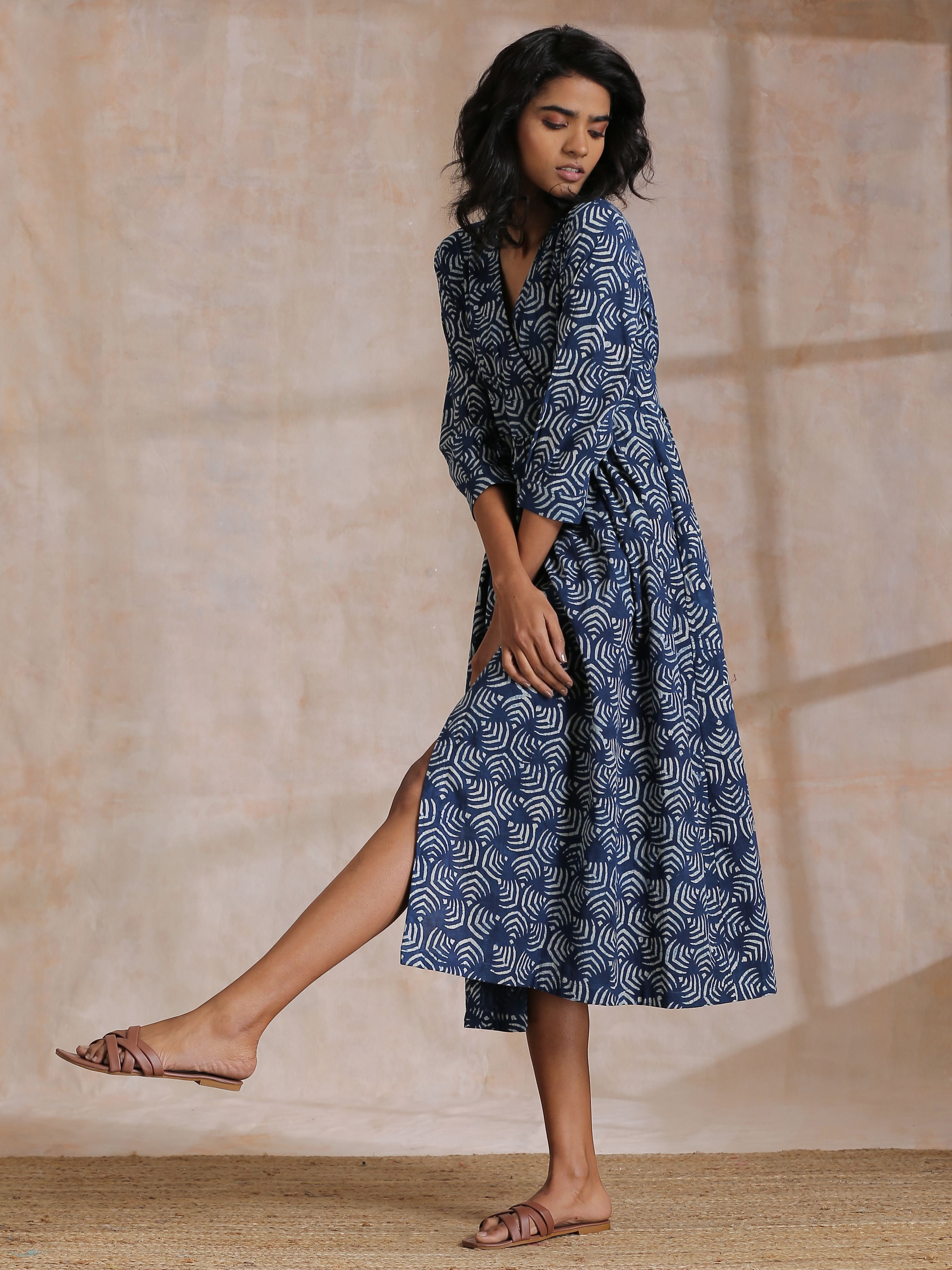 trueBrowns Indigo Dabu Overall Print Cotton Wrap Dress