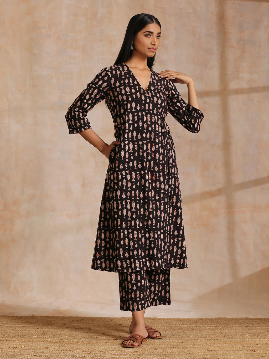 trueBrowns Black Fish Bagru Print Cotton Angrakha Pant Set