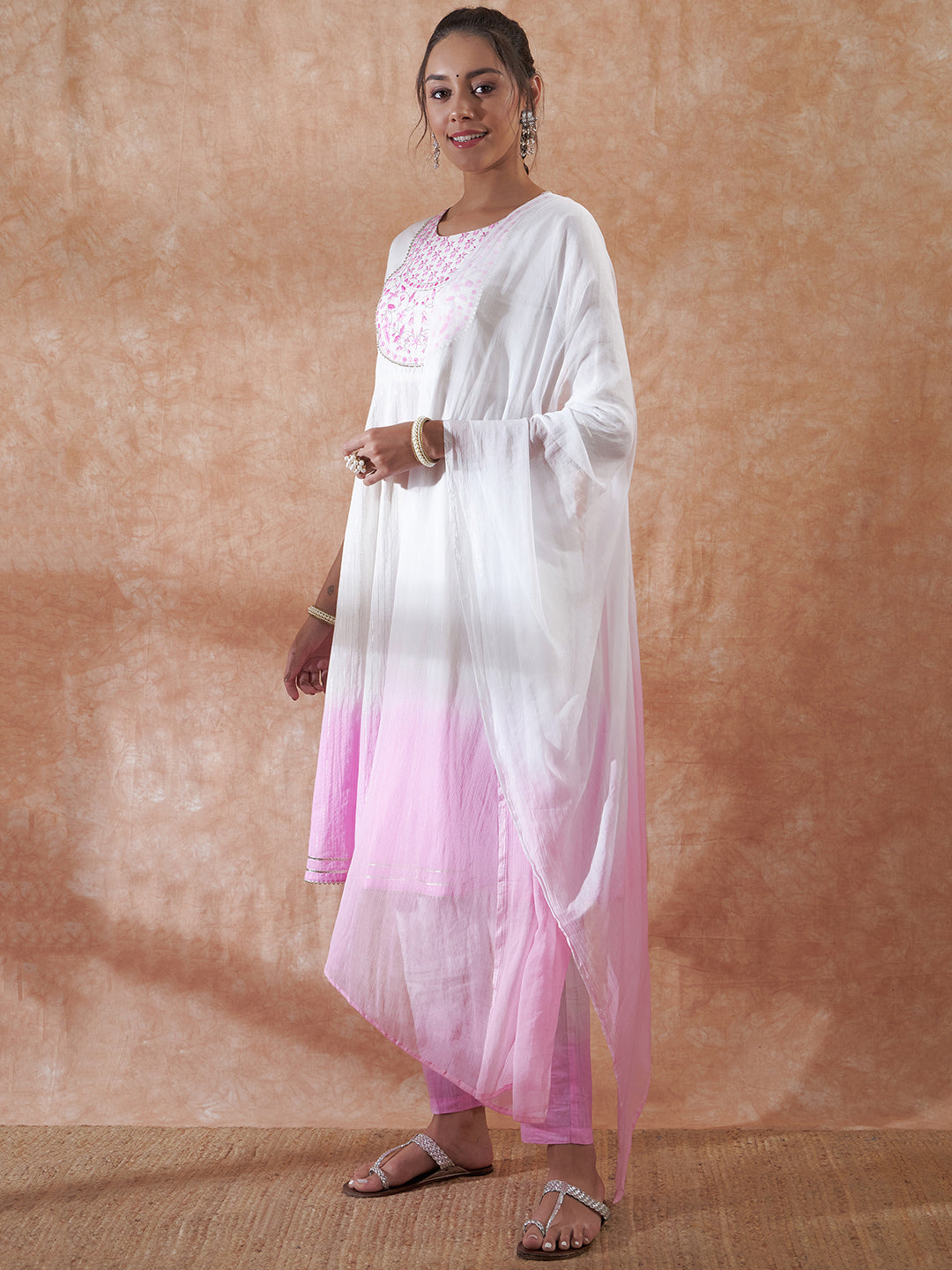 InWeave Women's White Lurex Pink Dye Patch Gota Anarkali Kurta Set W Dupatta