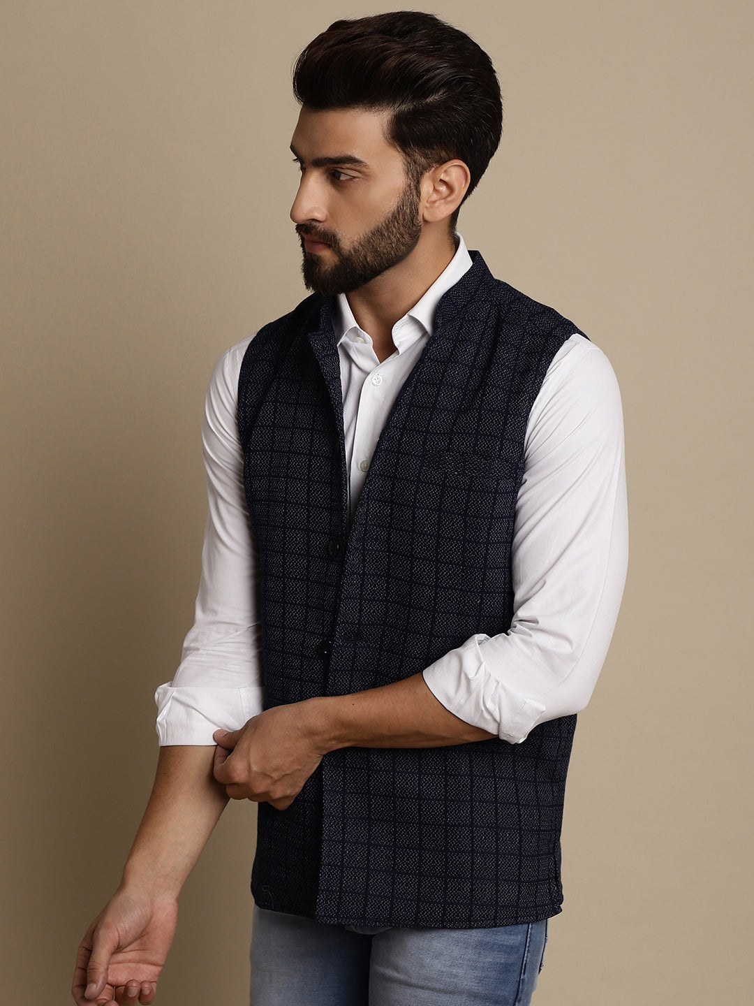 Even Apparels Men's Blue Mandarin Collar Waistcoat