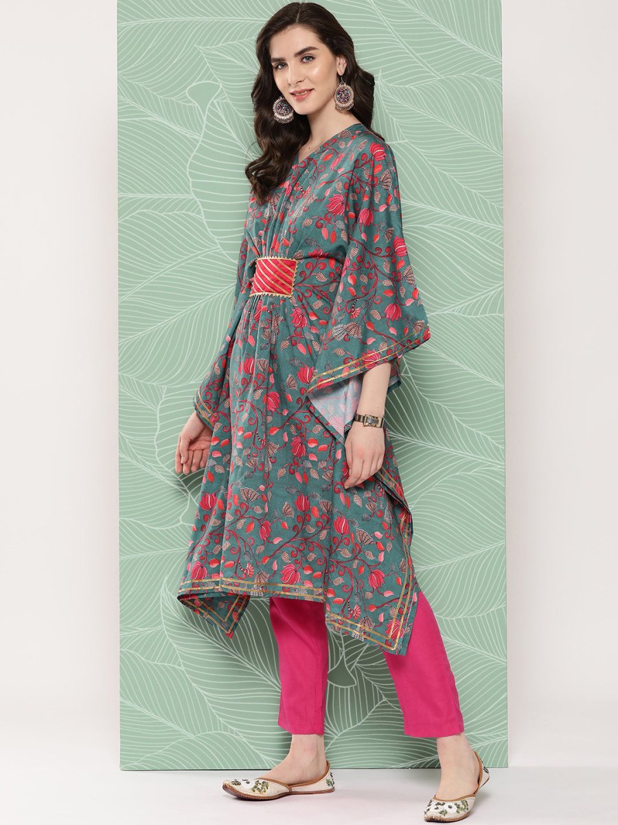 Ahalyaa Women Floral Printed Flared Sleeves Gotta Patti Crepe Kaftan Kurta