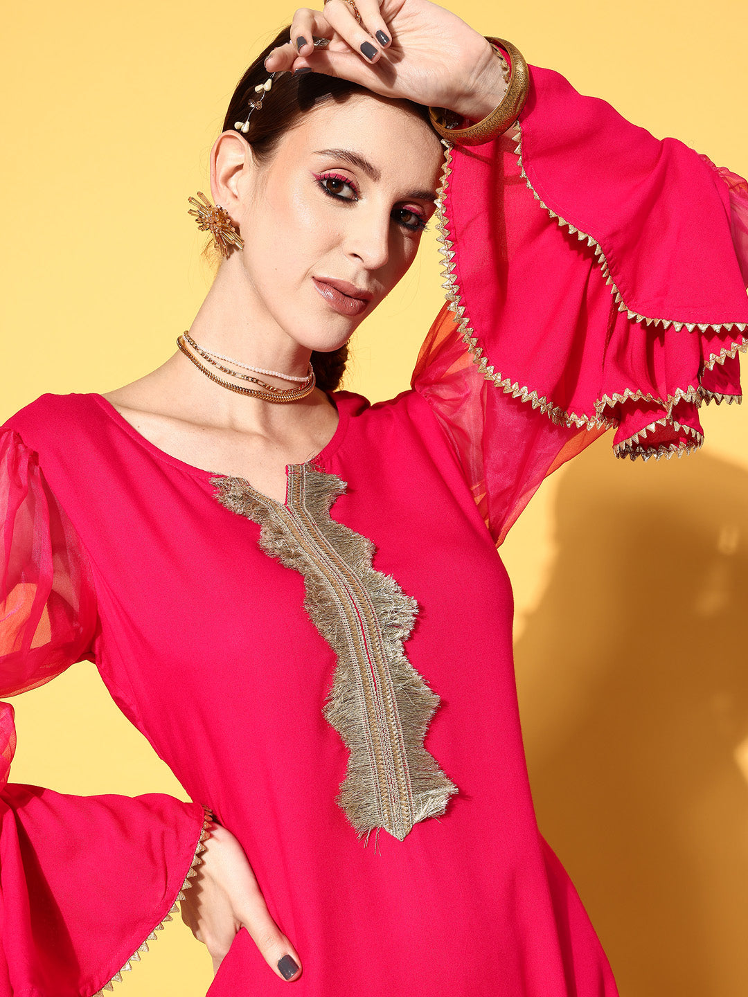 InWeave Women's Fuschia Organza Sleeve Gota Work Kurta Set