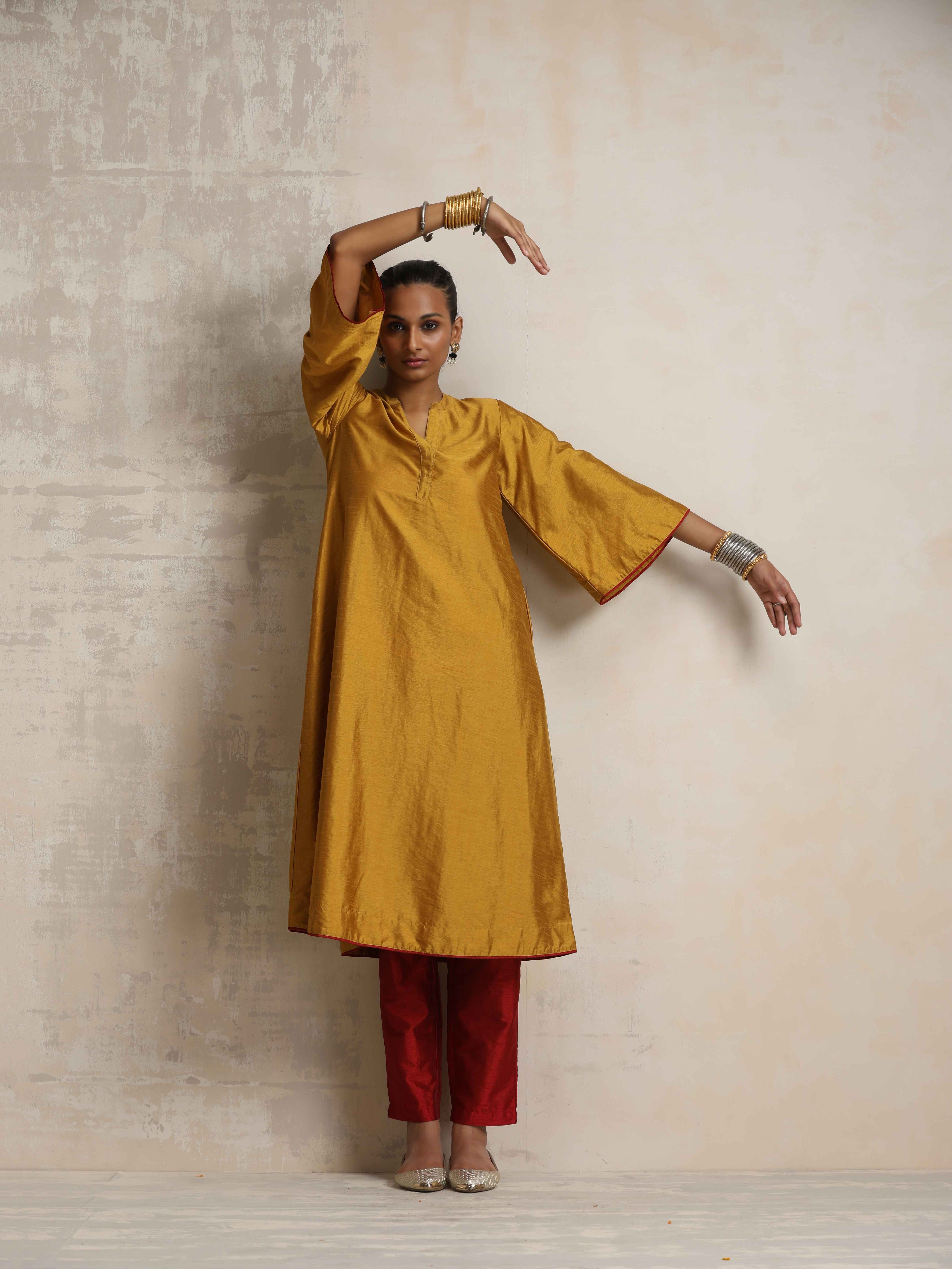 trueBrowns Gold Silk Kurta Set