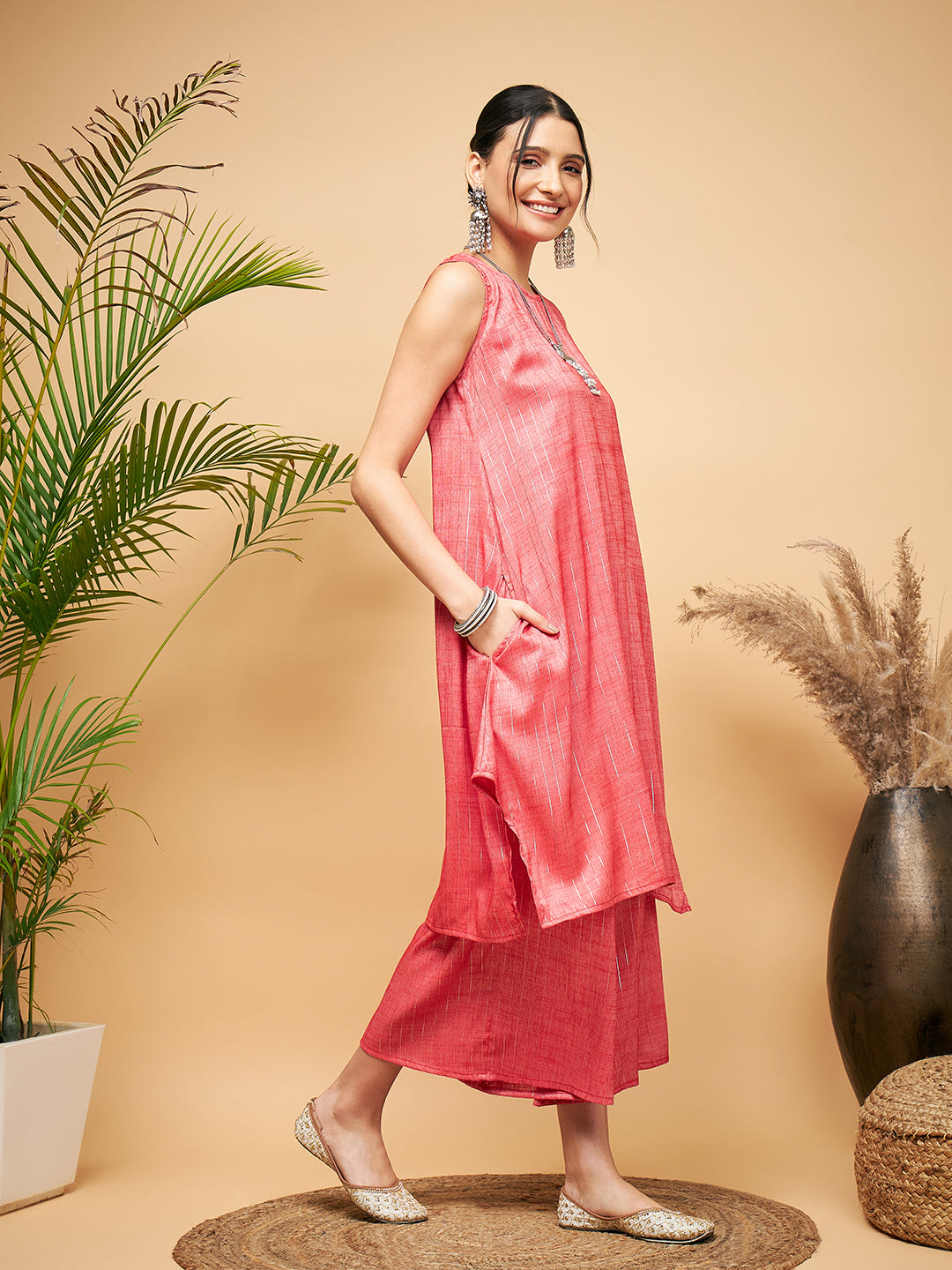 InWeave Women's Red Lurex Short Pallazo Kurta Set