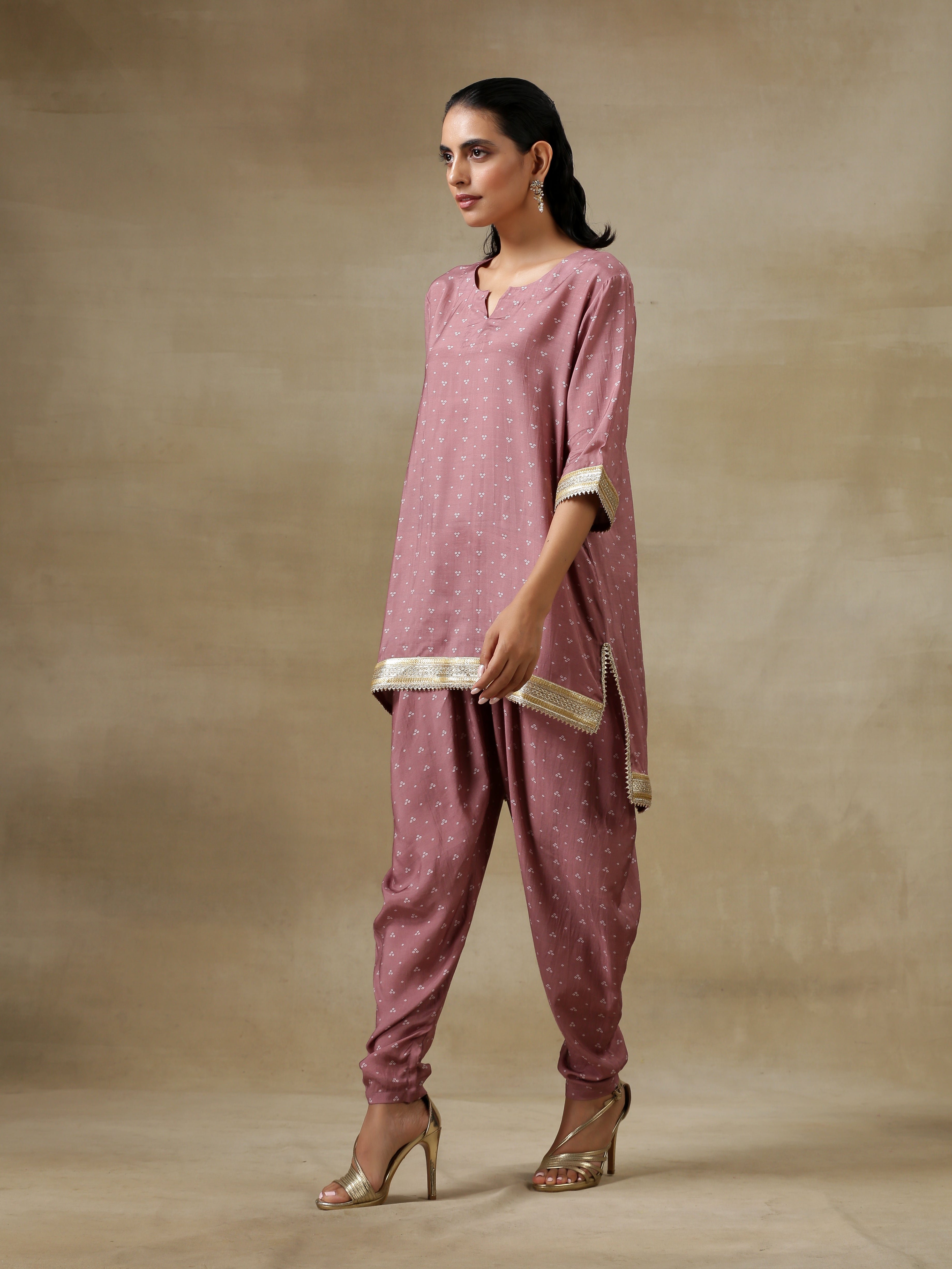 trueBrowns Dark Mauve Bandhani Printed Silk Loose Kurta Dhoti Pant Set