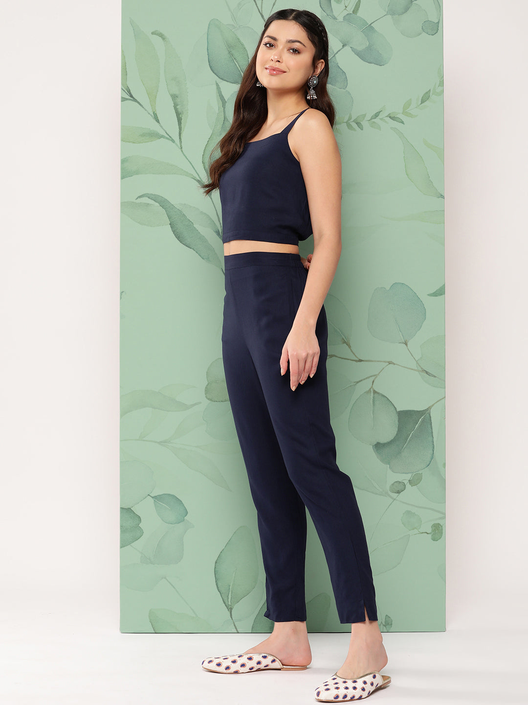 InWeave Women's Navy Top Bottom W Grey Bandhej Long Shrug Set