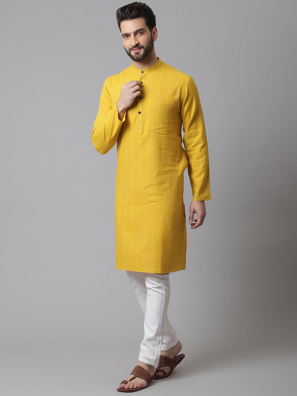 Even Apparels Yellow Pure Cotton Kurta With Band Collar
