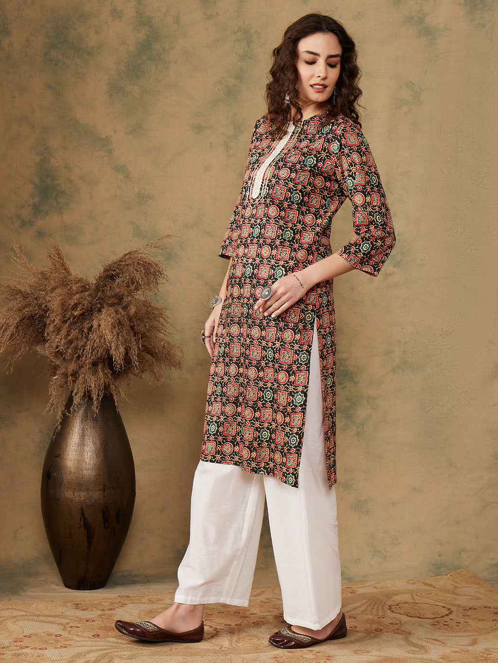 InWeave Women's Black Maroon Print Lace Gota Work Straight Kurta