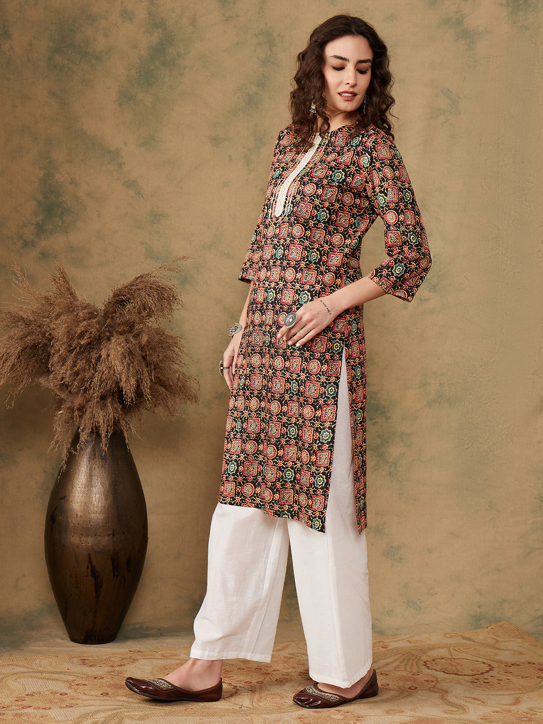 InWeave Women's Black Maroon Print Lace Gota Work Straight Kurta