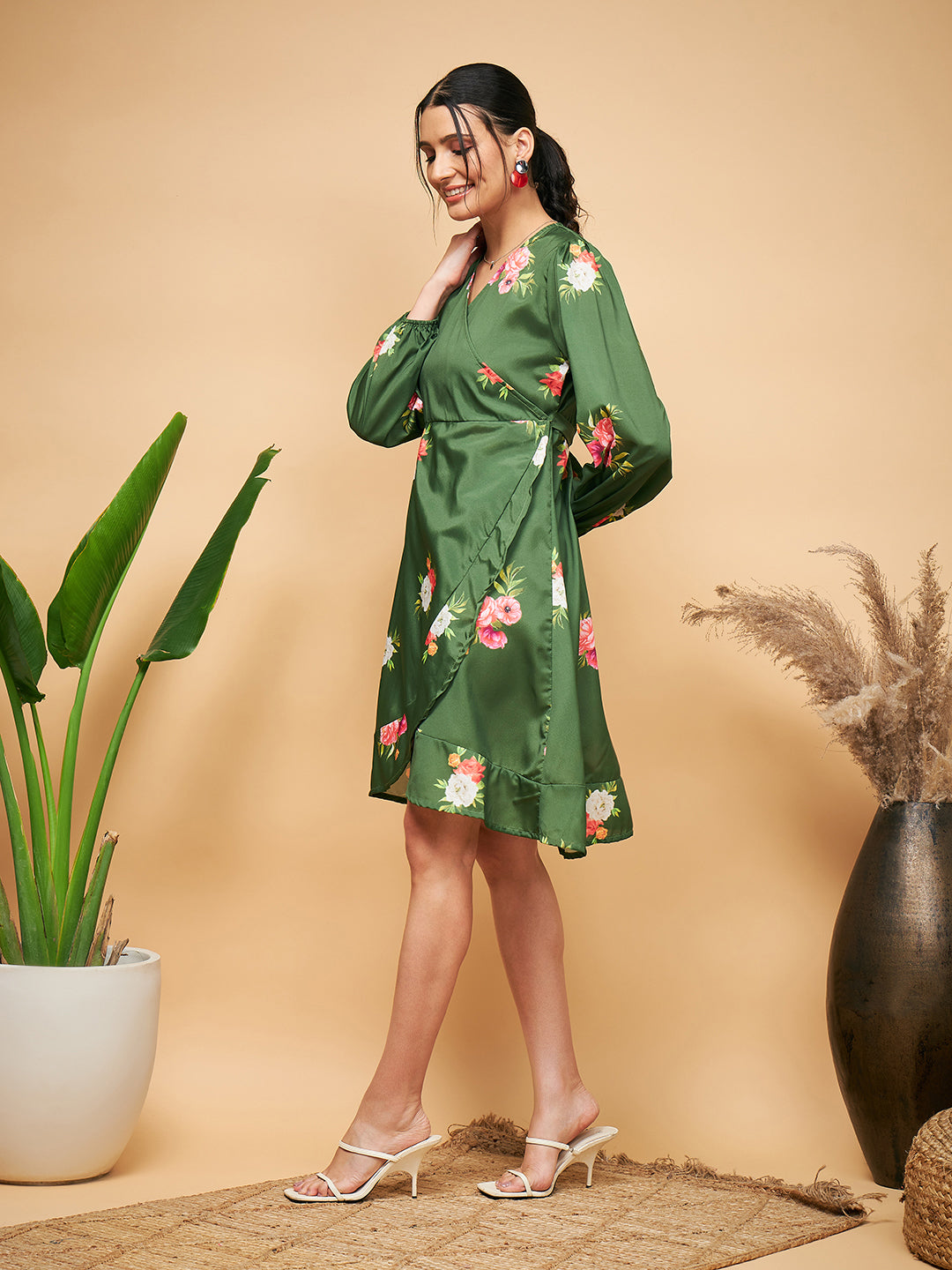 InWeave Women's Green Small Flower Belted Dress