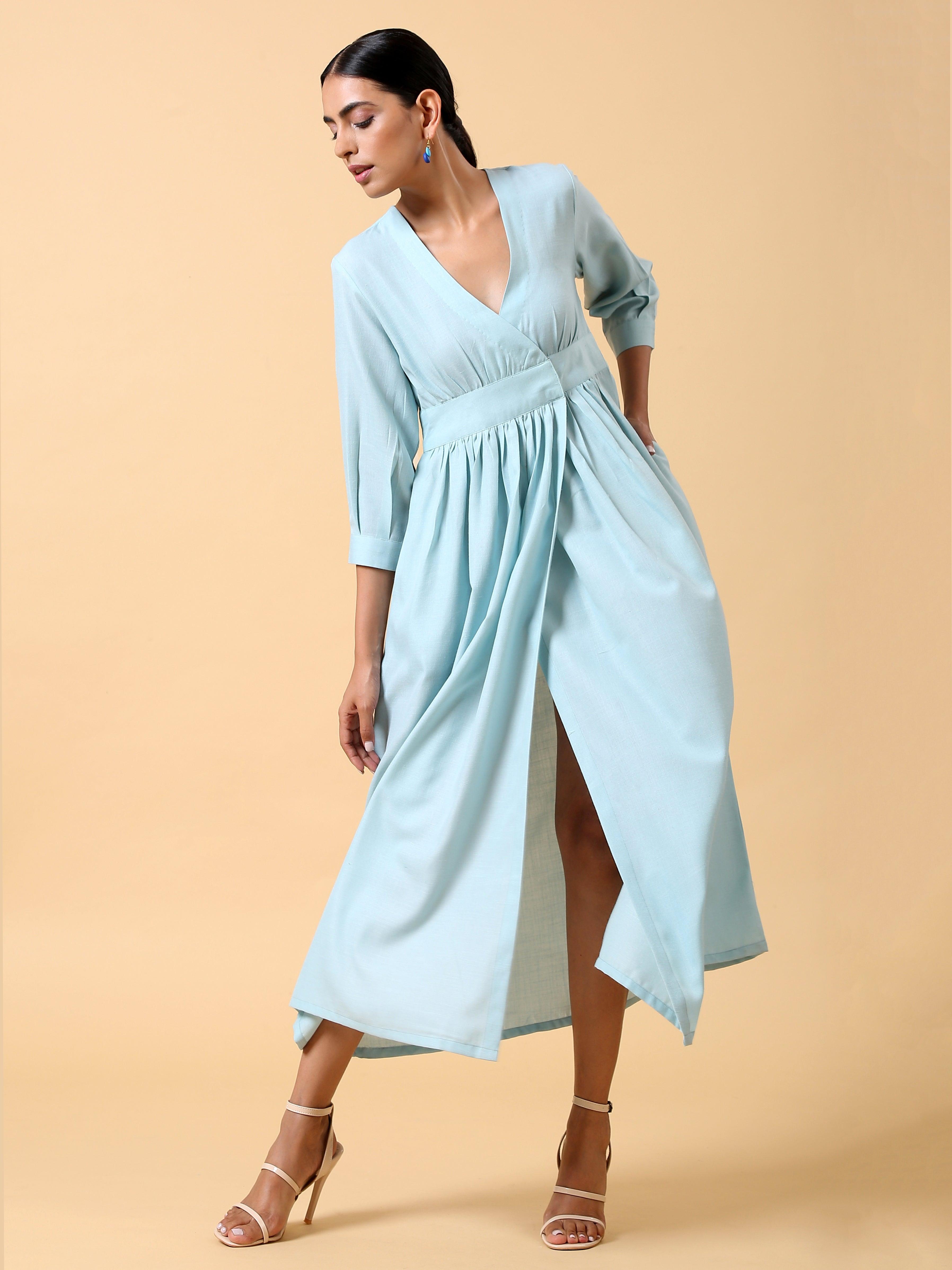 trueBrowns Cotton Linen Light Blue Wrap Dress