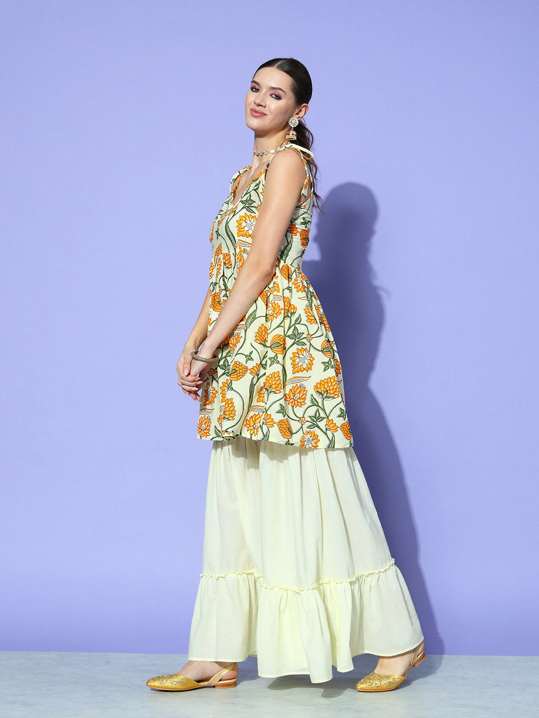 InWeave Women's Off White Yellow Floral Print Tie Up Kurta Sharara Set