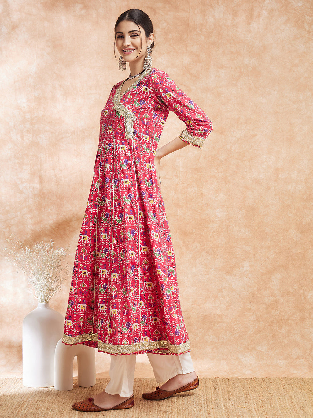 InWeave Women's Pink Patola Printed Gota Embroidered Anarkali Kurta