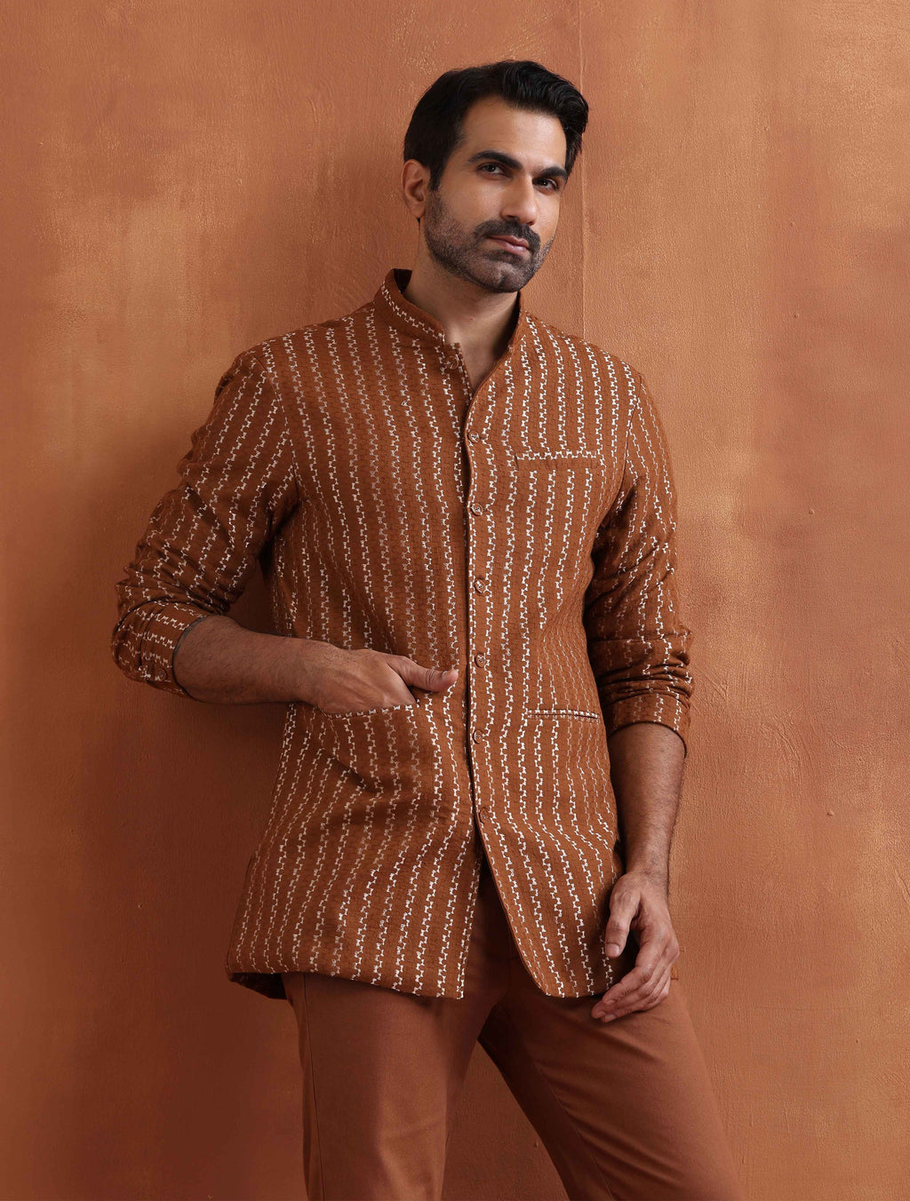 trueBrowns Men's Brown Cotton Dobby Long Jacket