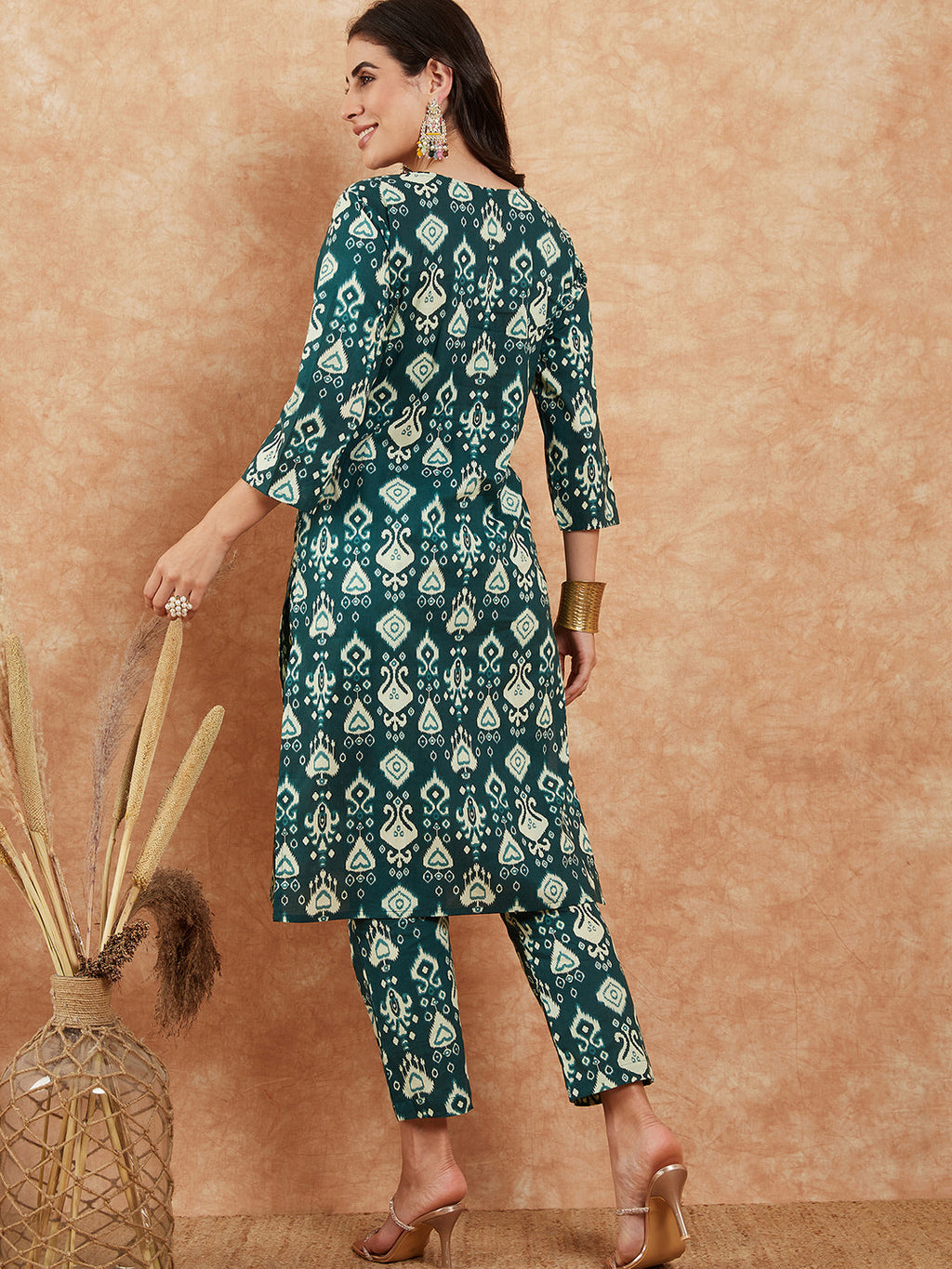 InWeave Women's Peacock Blue Ikkat Print Gota Work Straight Kurta Pant Set