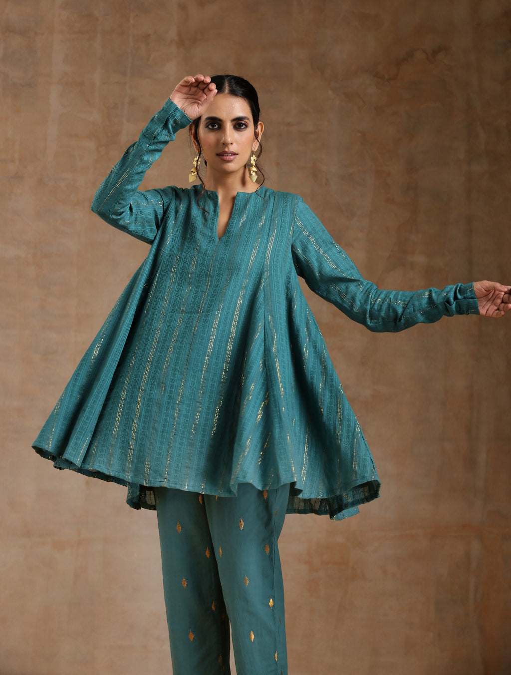 trueBrowns Deep Sea Gold Cotton Flared Co-Ord Set