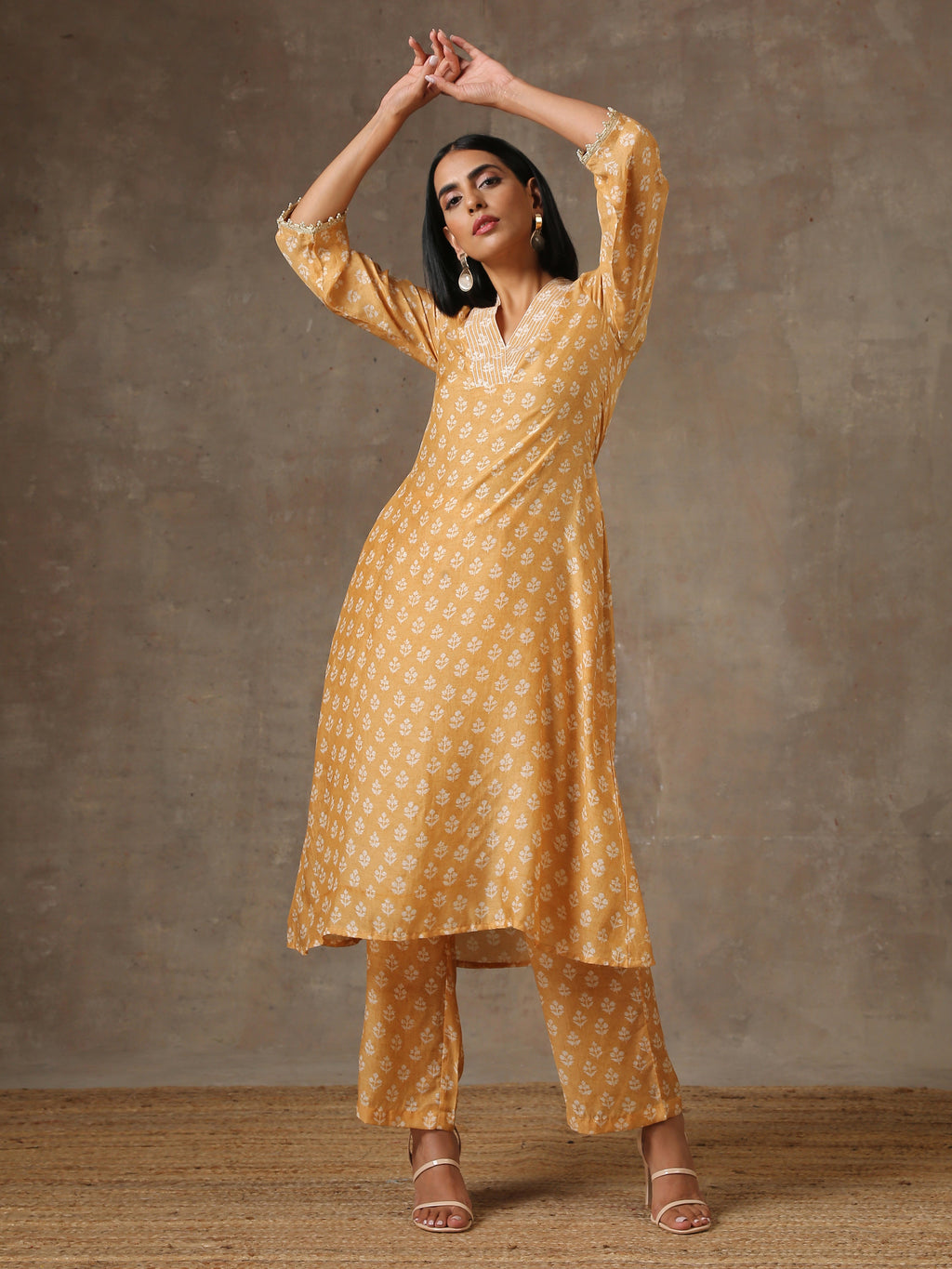 trueBrowns Beige White Flared Printed Silk Kurta Pant Set
