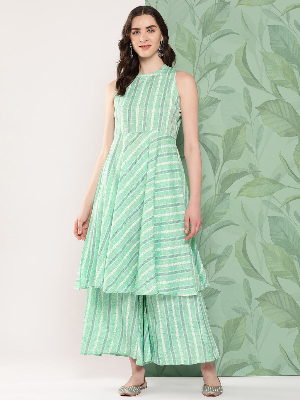 InWeave Women's Teal Kantha Striped Kurta Set