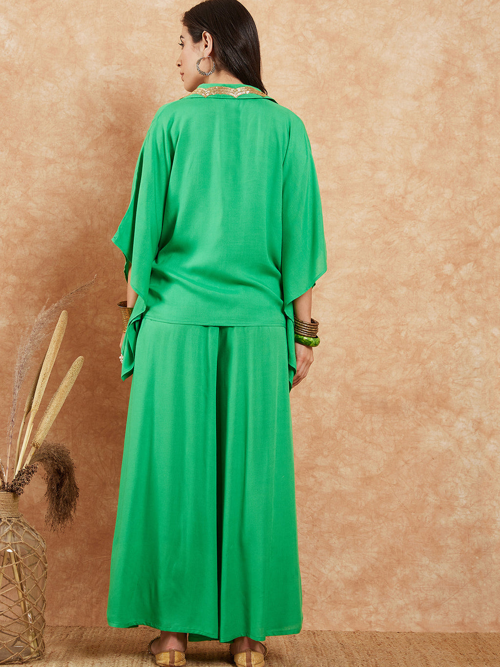 InWeave Women's Parrot Green Solid Collar Neck Boho Top Bottom Set