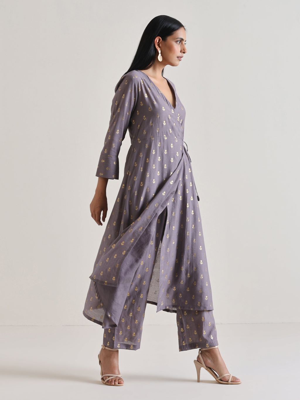 trueBrowns Plum Grey Foil Angrakha Kurta Set