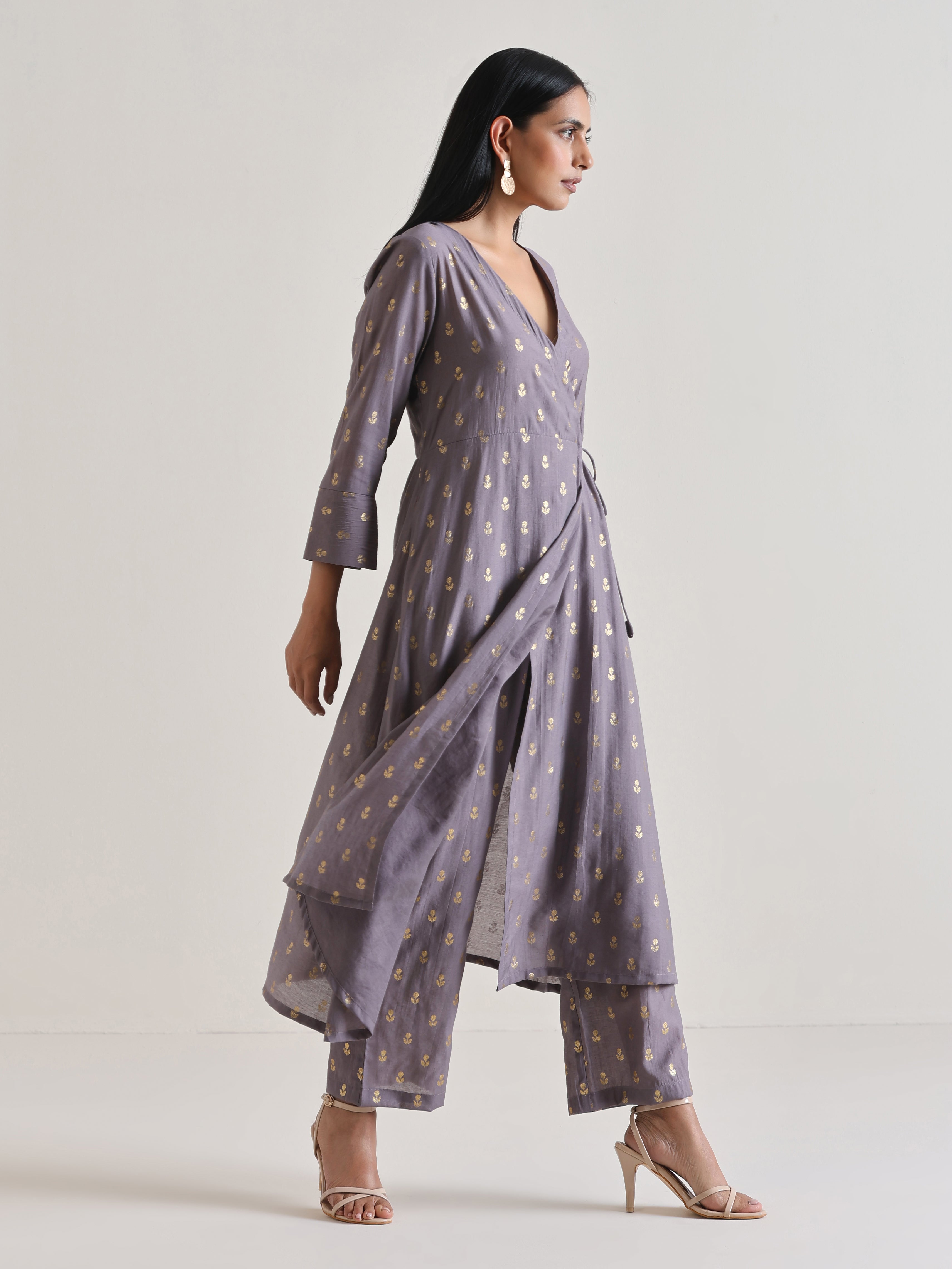 trueBrowns Plum Grey Foil Angrakha Kurta Set