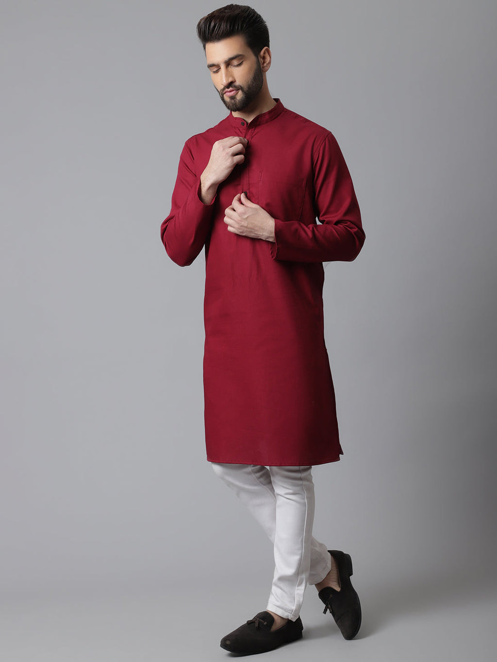 Even Apparels Maroon Pure Cotton Kurta With Band Collar