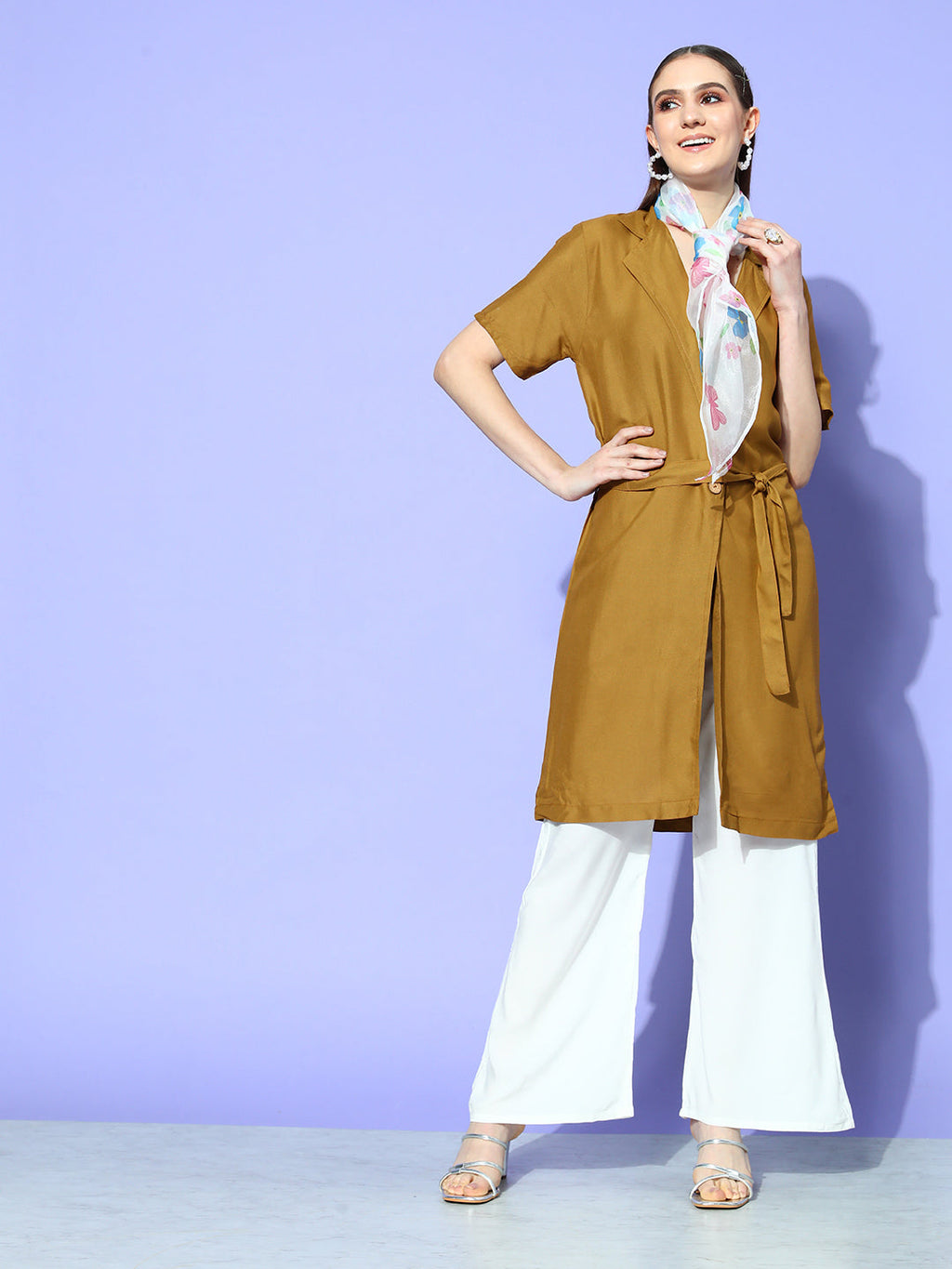 InWeave Women's Camel Brown Cream Pant Coord Set With White Butterfly Scarf