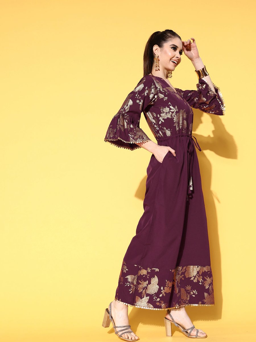 Ahalyaa Burgundy & Gold-Toned Bell Sleeves Printed Ethnic Jumpsuit With Waist Tie-Ups