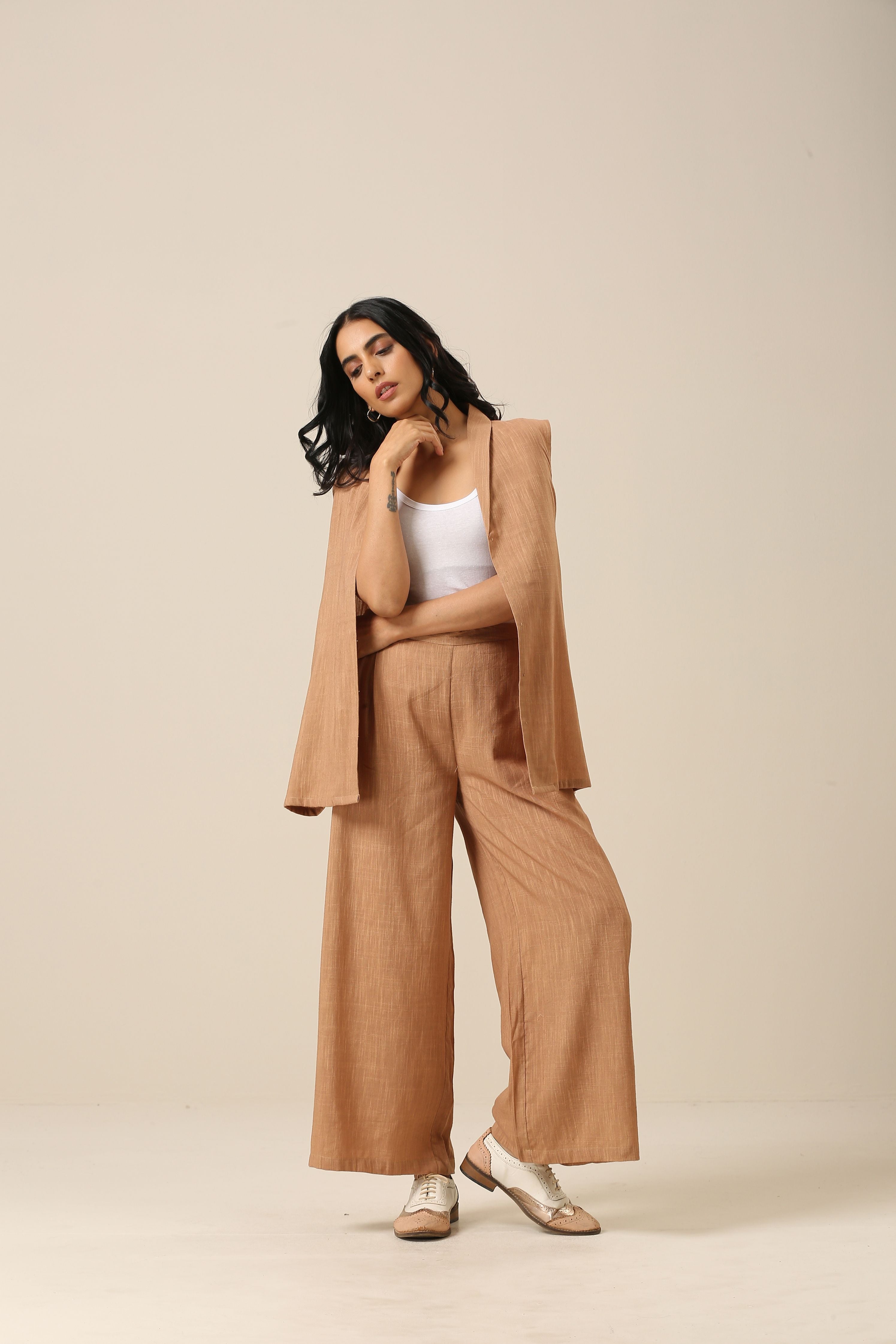 trueBrowns Beige Slub Texture Sleevesless Jacket Pant Set