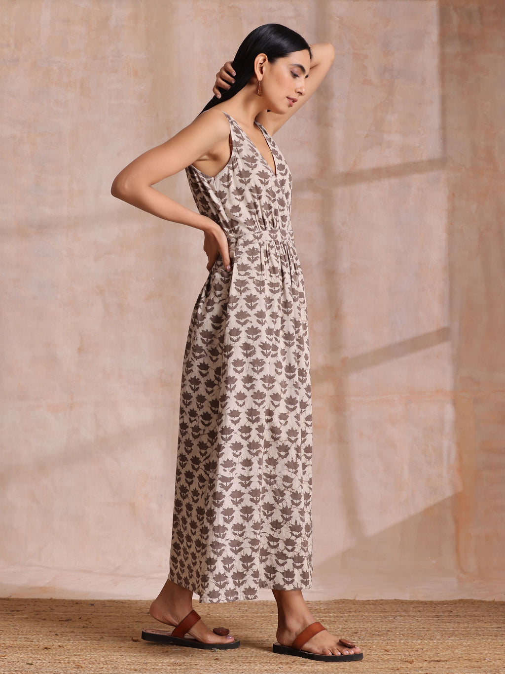 trueBrowns Clay Dabu Buta Print Cotton Sleeveless Wrap Dress