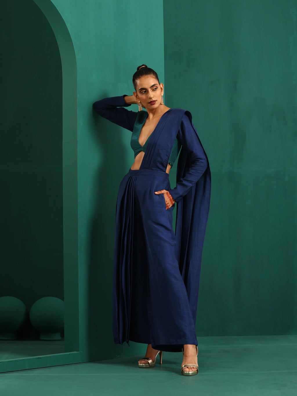 trueBrowns Blue Silk Palazzo Stitched Saree