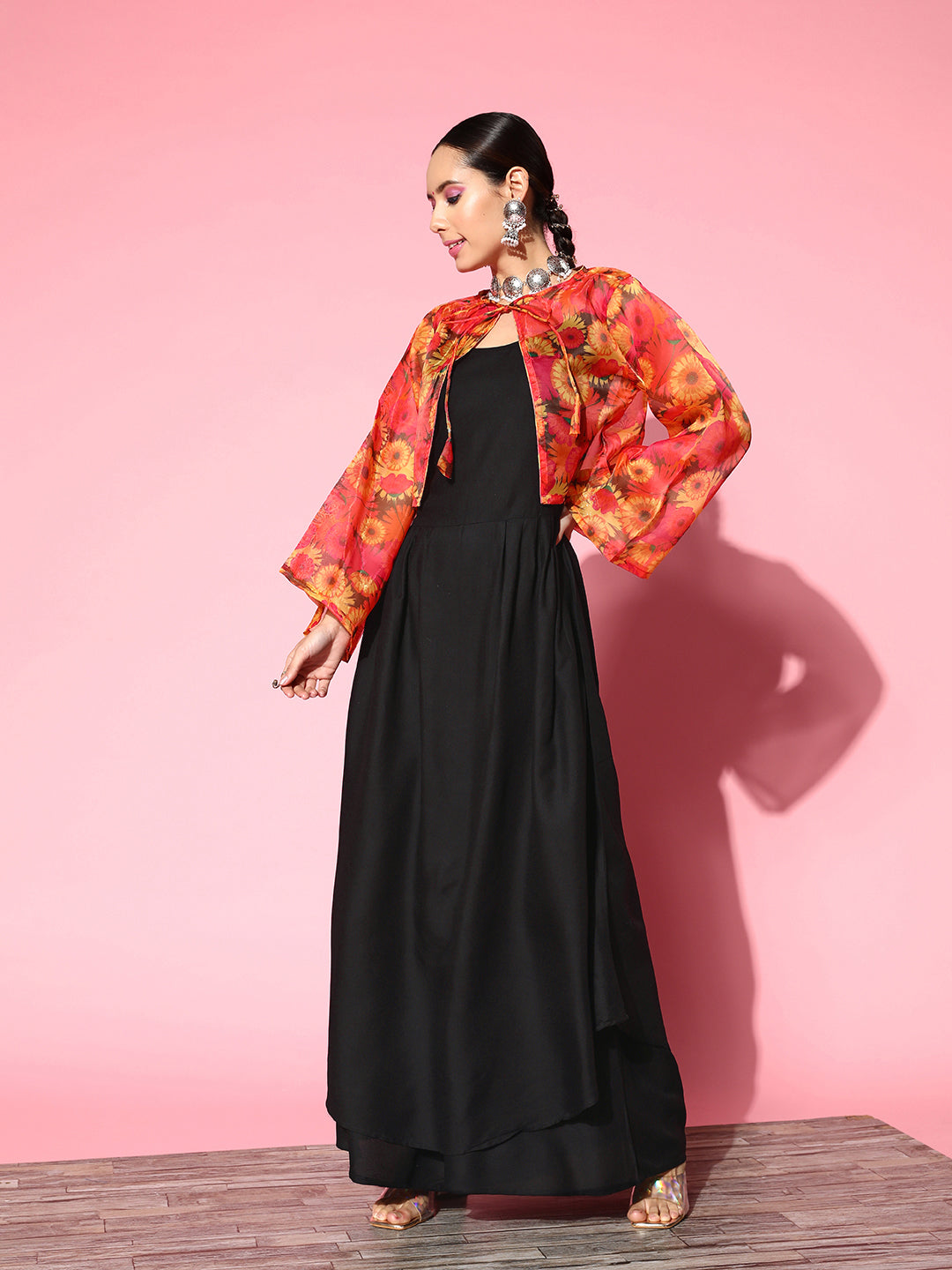 InWeave Women's Black Strappy Set With Pink Mustard Floral Short Organza Cape