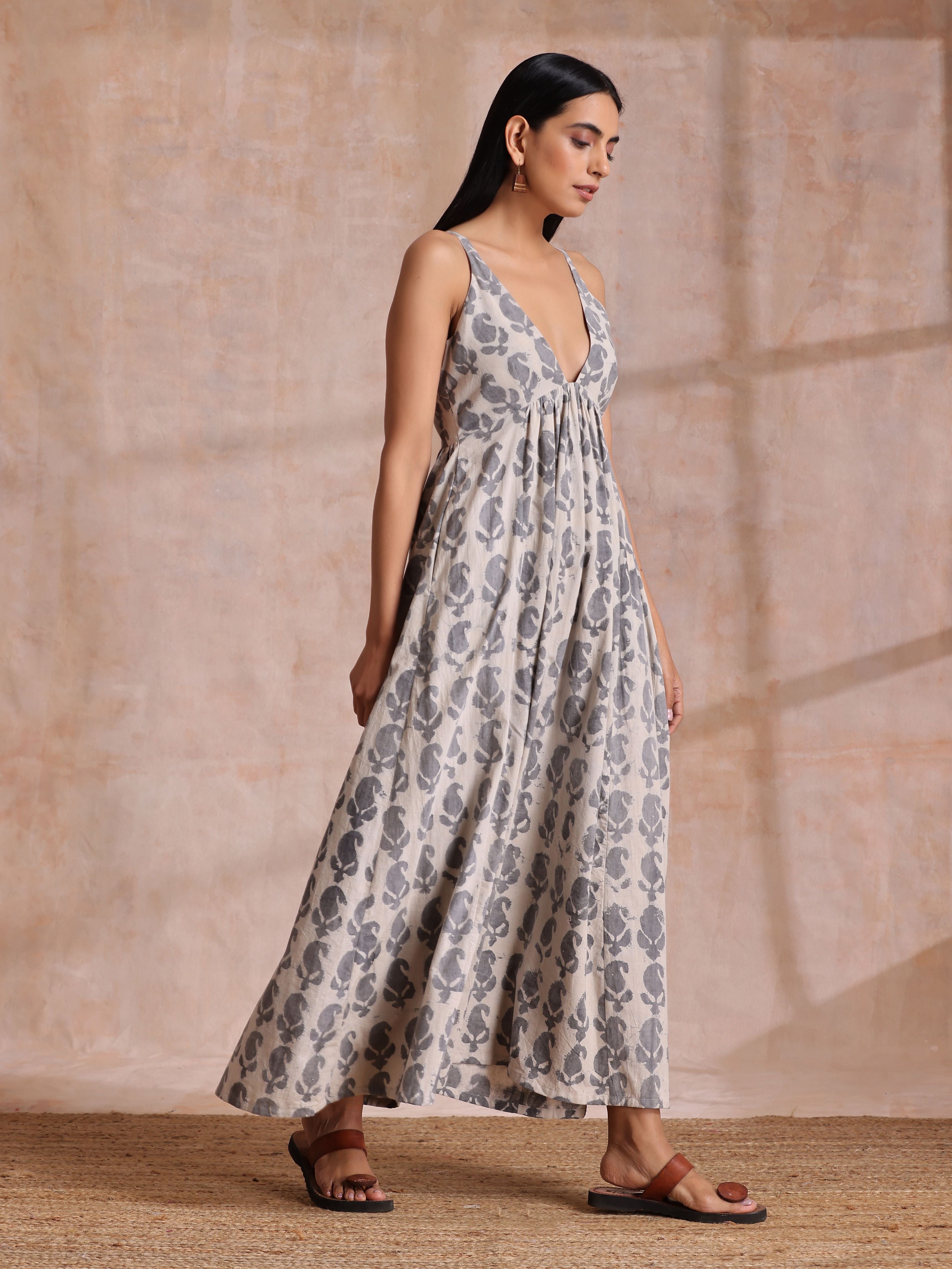 trueBrowns Grey Dabu Buta Print Cotton Sleeveless Dress