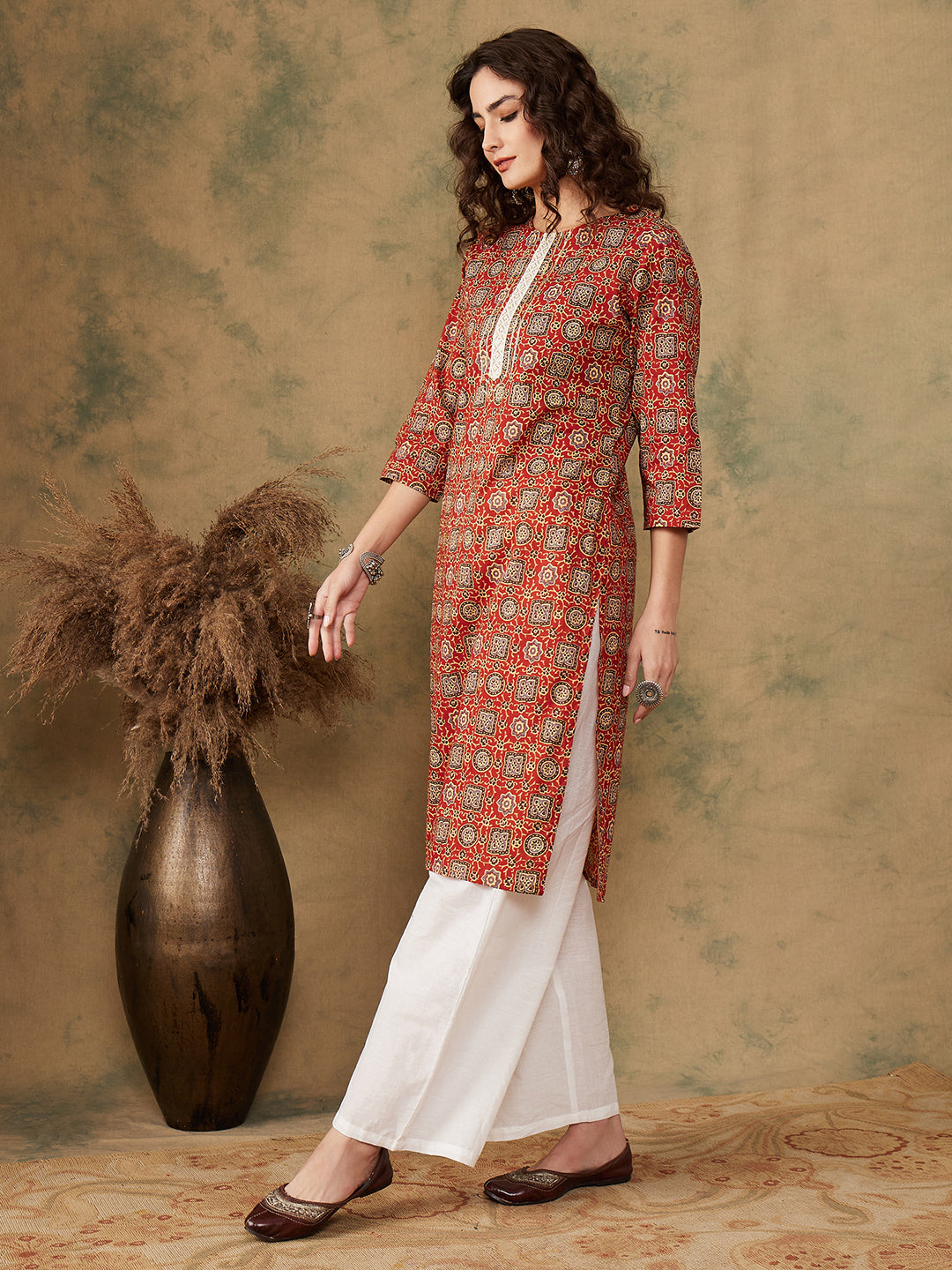 InWeave Women's Maroon Ethnic Print Lace Gota Work Straight Kurta