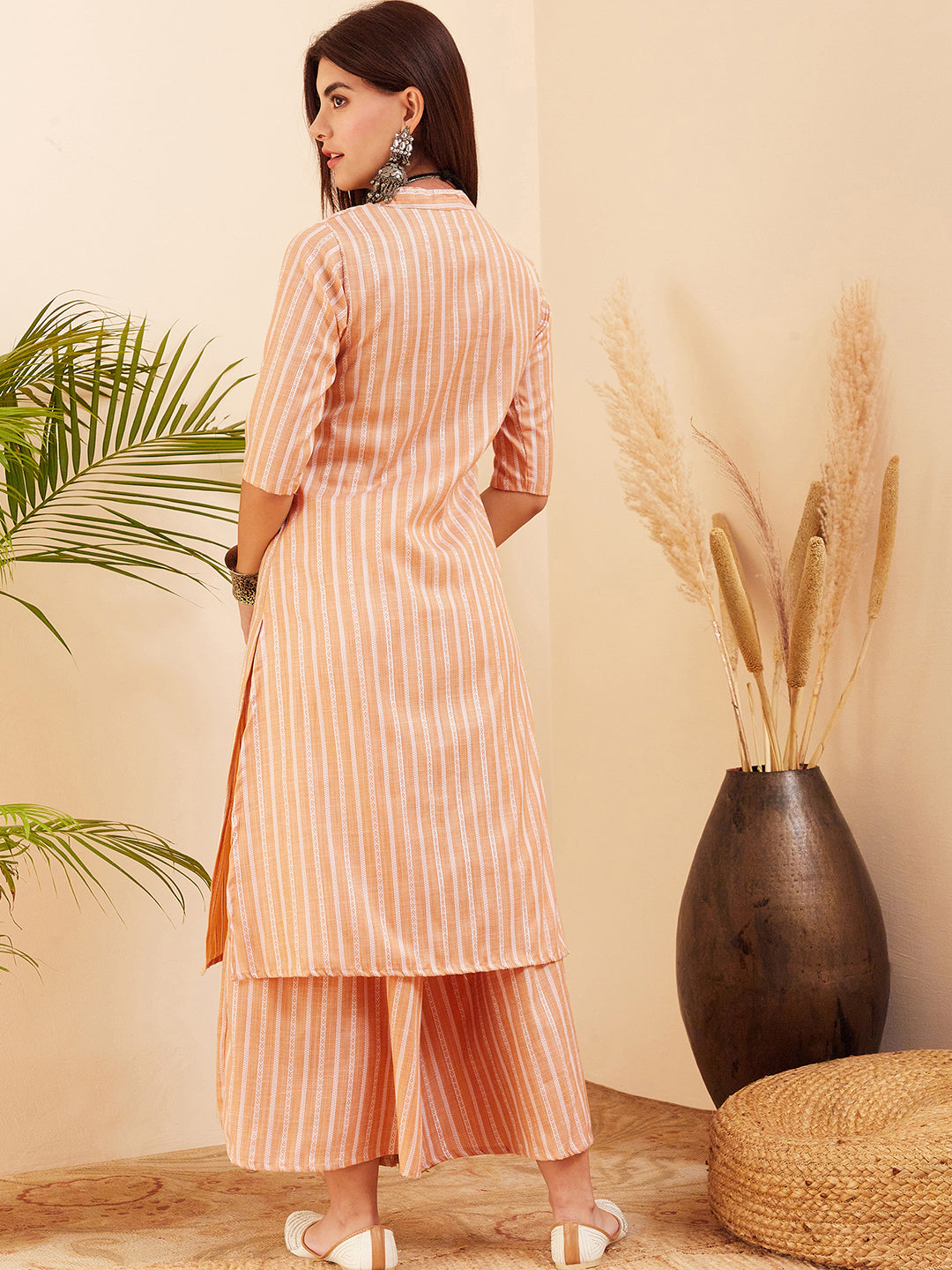 InWeave Women's Light Mustard Lurex Kantha Mandarin Neck Kurta Palazzo Set