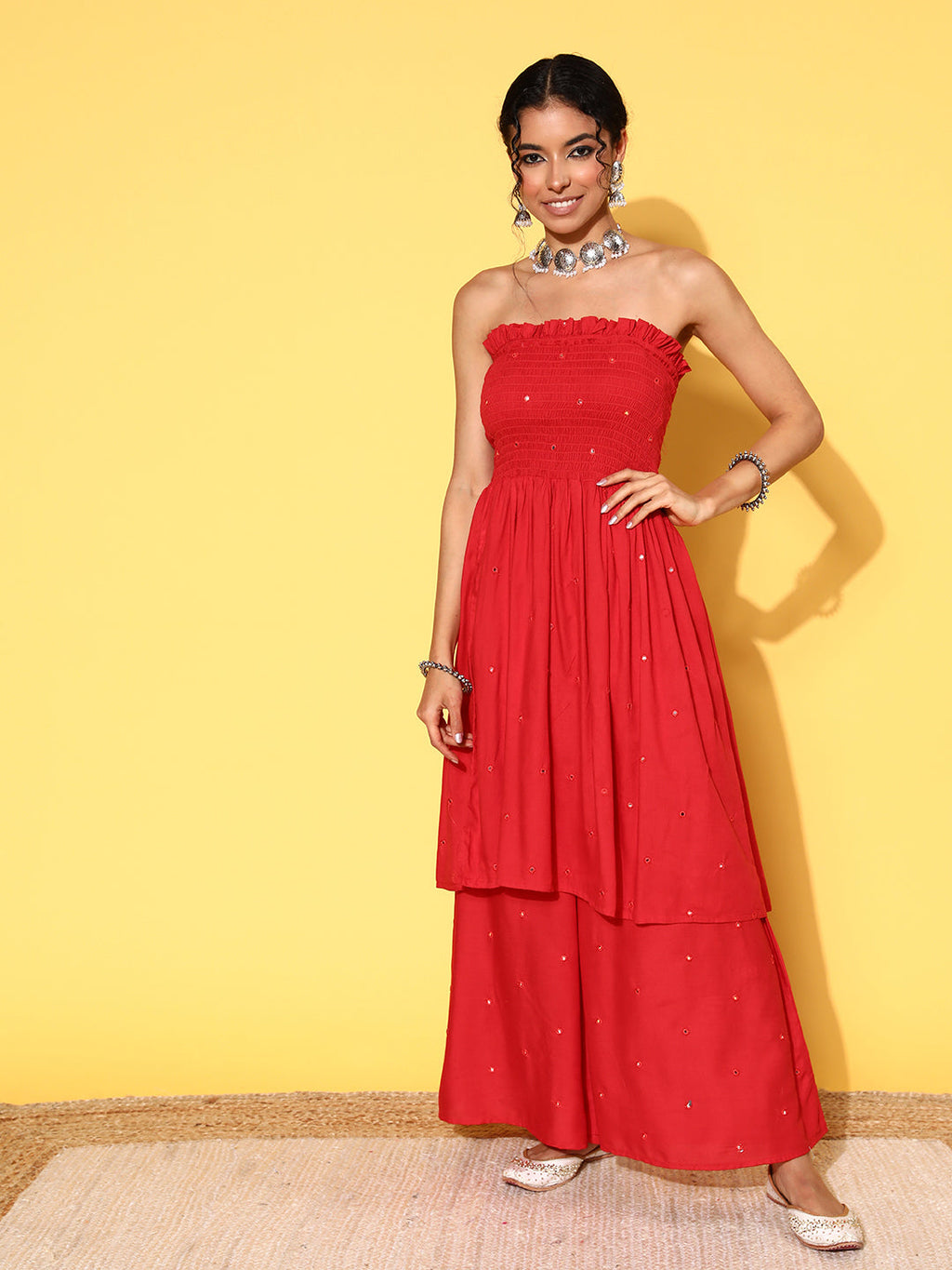 InWeave Women's Red Mirror Work Off Shoulder Kurta Set