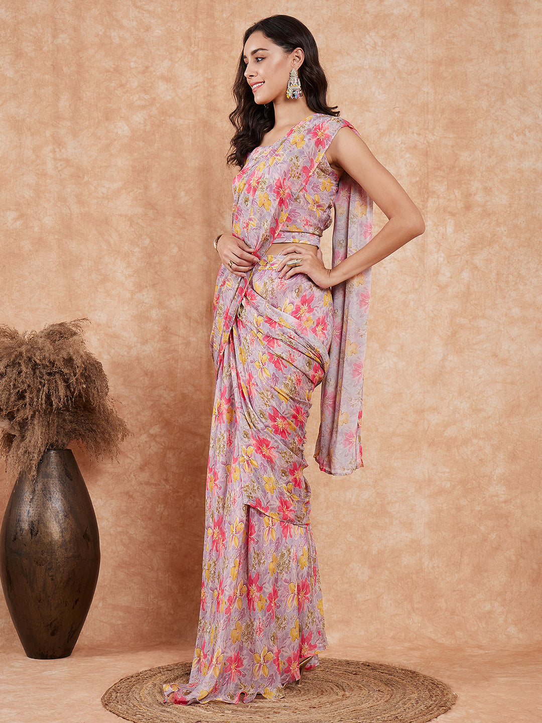 InWeave Women's Pastel Mauve Hibiscus Floral Skirt Saree