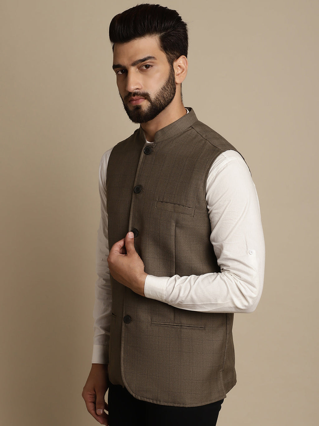 Even Apparels Men's Brown Mandarin Collar Waistcoat
