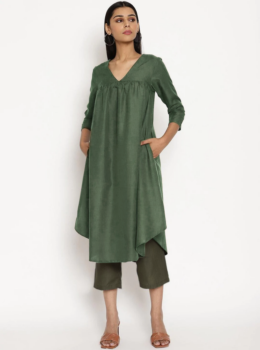 trueBrowns Cotton Linen Light Green Gathered Kurta Pant Set