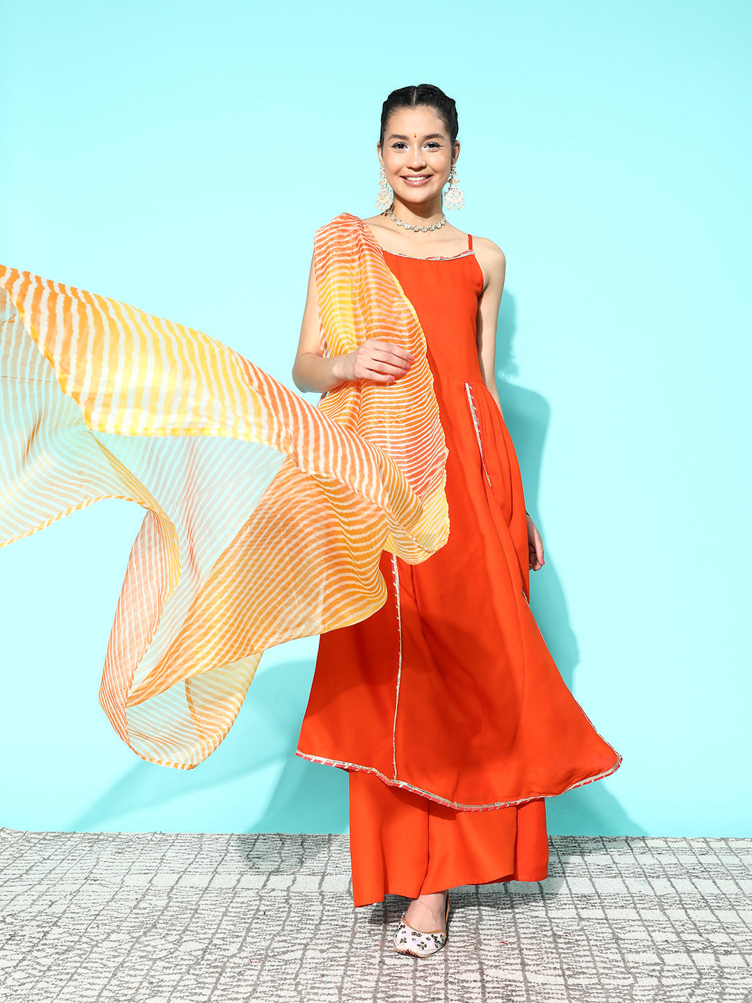 InWeave Women's Orange Red Gota Strappy Set With Orange Leh Dupatta