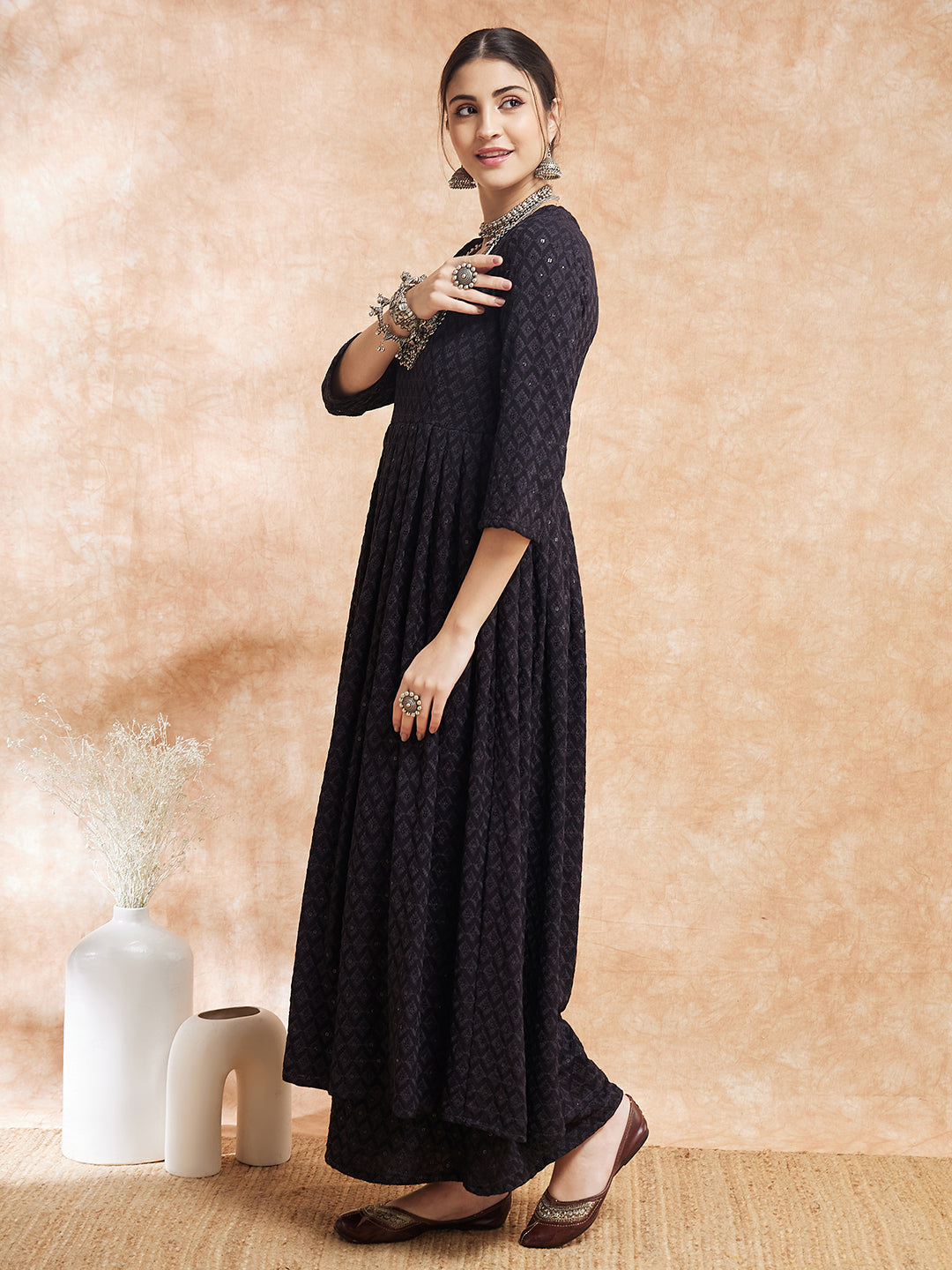 InWeave Women's Black Chikankari Long Anarkali Kurta Sharara Set