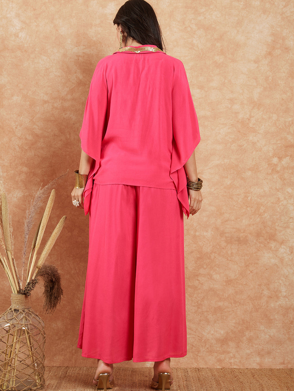 InWeave Women's Fuchsia Solid Collar Neck Boho Top Bottom Set